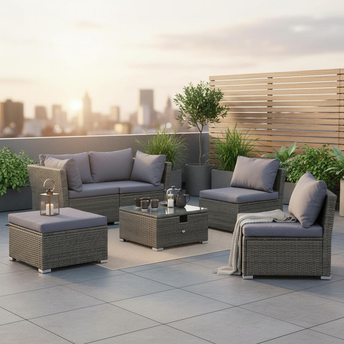 Loungegarnitur 14-tlg Malaga Grau - Grau, KONVENTIONELL, Glas/Kunststoff (190/40/181cm) - Gardenson