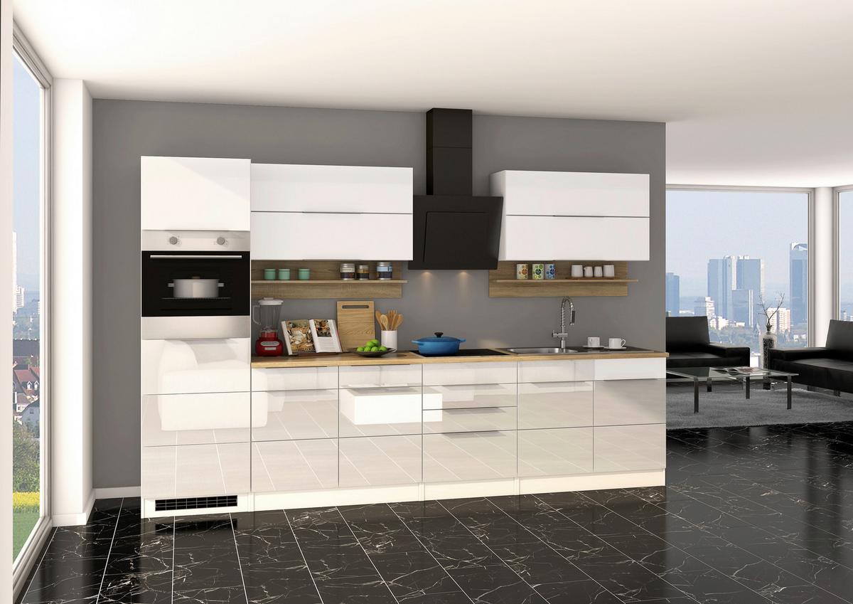 Küchenblock Neapel I Weiß Hochglanz/Eichefarben - Weiß Hochglanz/Alufarben, MODERN, Holzwerkstoff/Metall (320cm) - Held