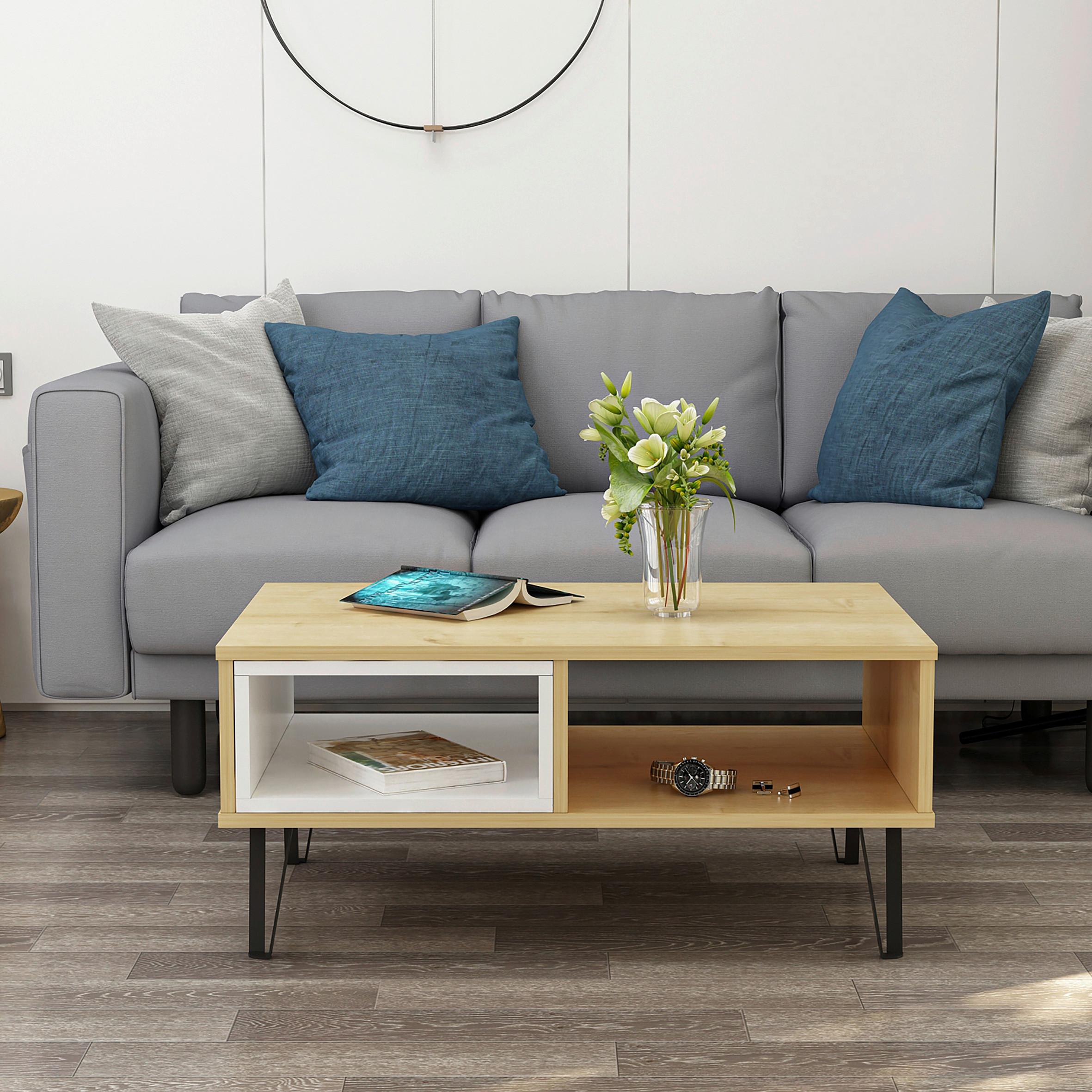 Couchtisch "Mendoz", Eichenfarben, Weiß - Eichefarben/Schwarz, Design, Holzwerkstoff/Metall (90/60/41,1cm) - Livetastic