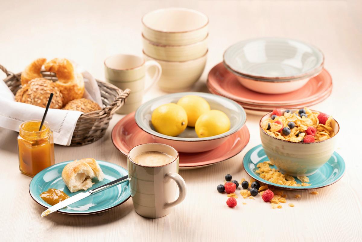 Frühstücksset Lumaca aus Steingut, 18-teilig - Koralle, Basics, Keramik - Mäser