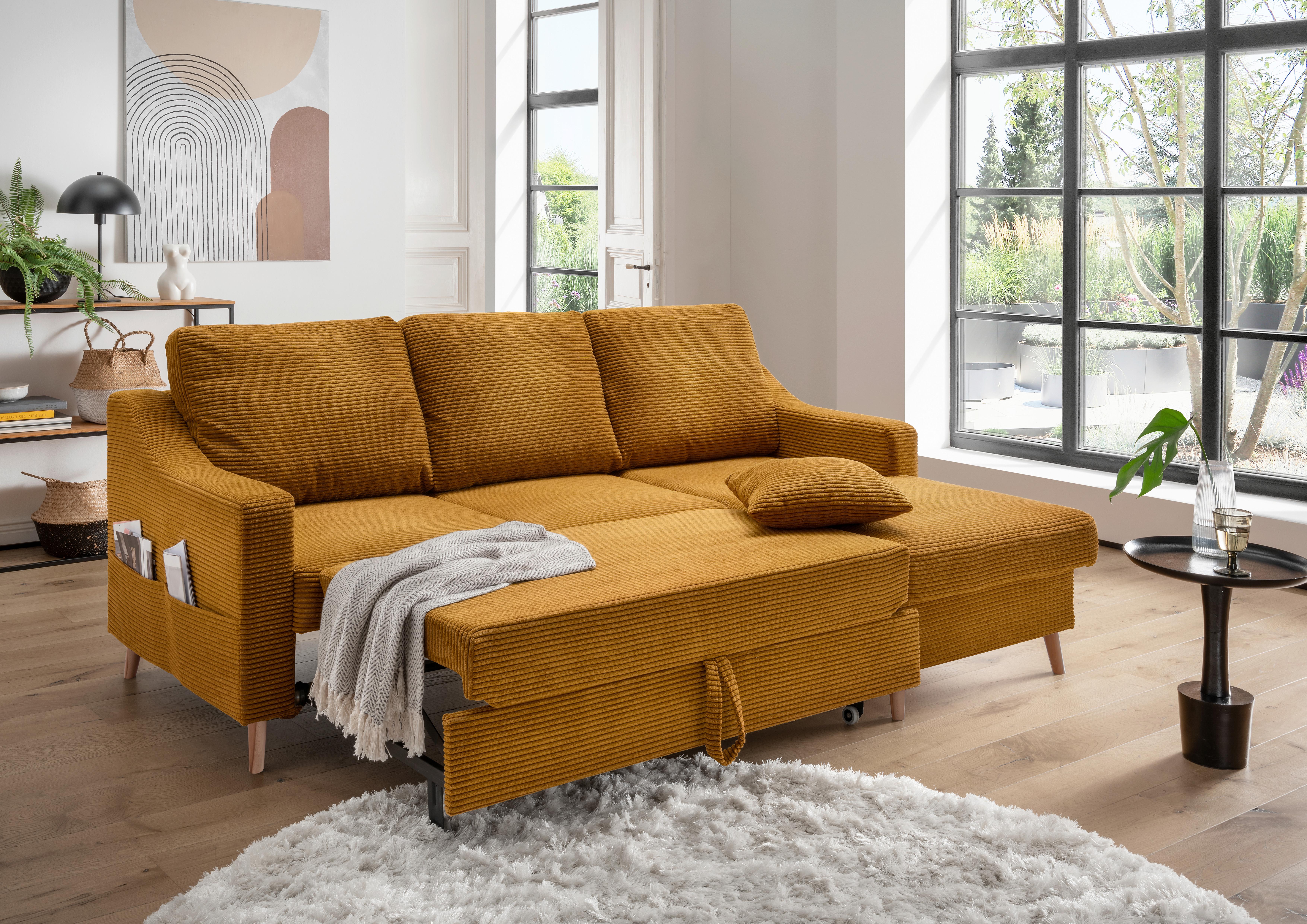 Ecksofa Valentina Cord ca. 228x150 cm Gold - Goldfarben/Naturfarben, Design, Holz/Textil (228/150cm) - P & B