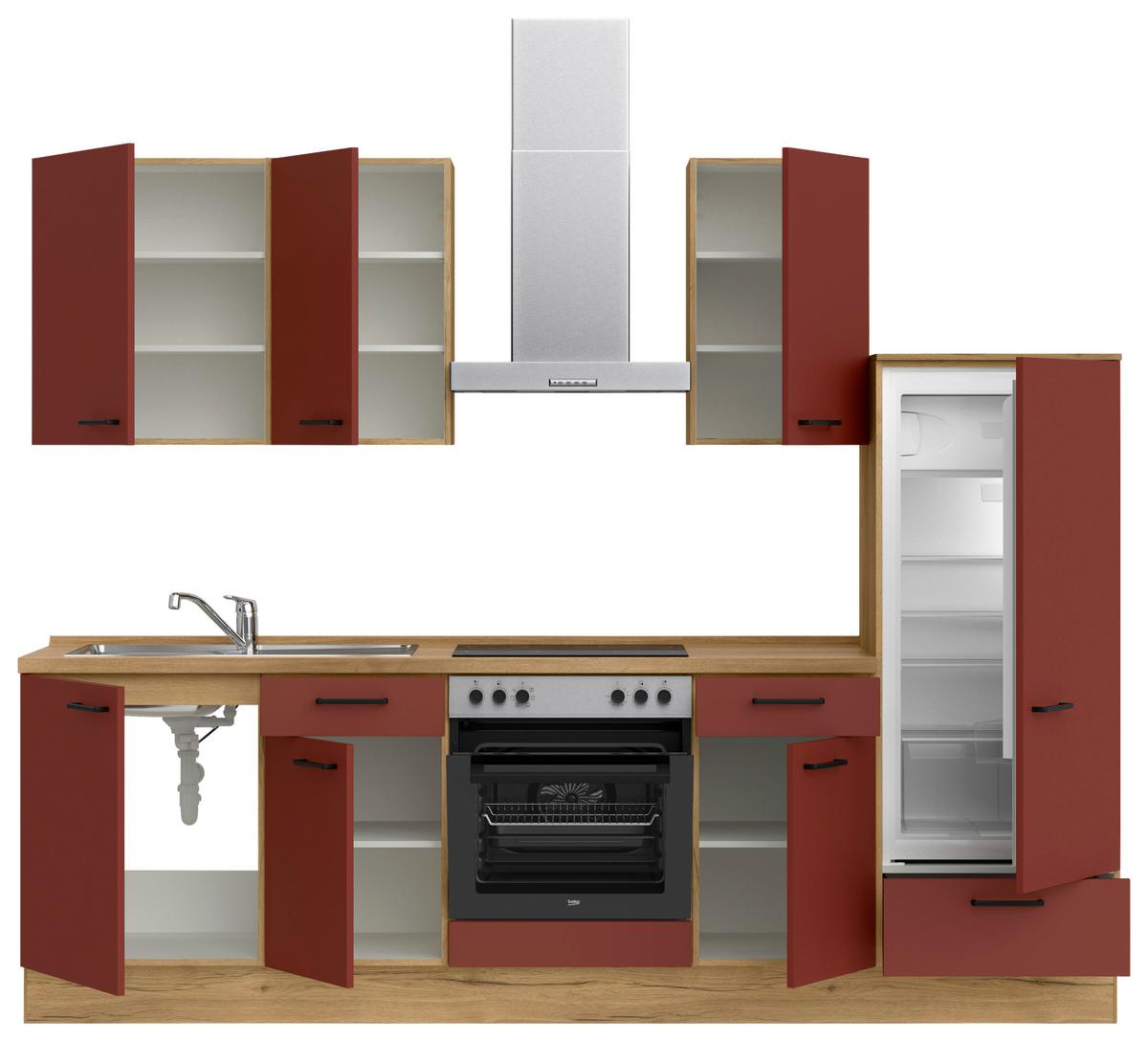 Küchenblock Easytouch Low m. Geräten Dunkelrot - Eichefarben/Schwarz, MODERN, Holzwerkstoff/Metall (270cm) - Nobilia