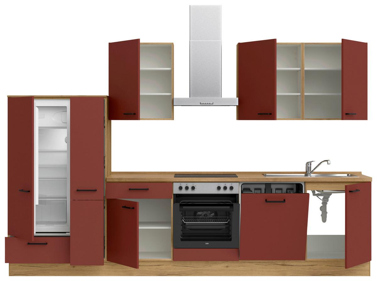 Küchenblock Easytouch Low m. Geräten Dunkelrot - Eichefarben/Schwarz, MODERN, Holzwerkstoff/Metall (330cm) - Nobilia