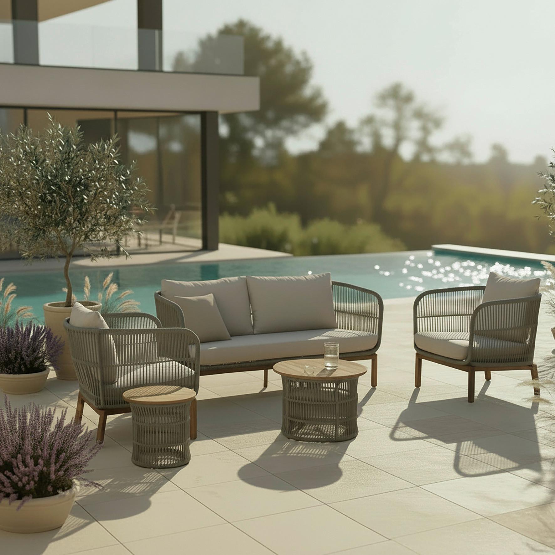 Loungegarnitur Malene Holz Outdoorstoff/Metall - Creme/Naturfarben, MODERN, Holz/Textil (168/70,5/80cm) - Bessagi Garden