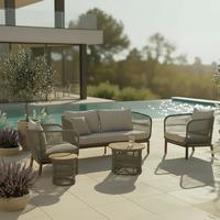 Loungegarnitur Malene Holz Outdoorstoff/Metall - Creme/Naturfarben, MODERN, Holz/Textil (168/70,5/80cm) - Bessagi Garden