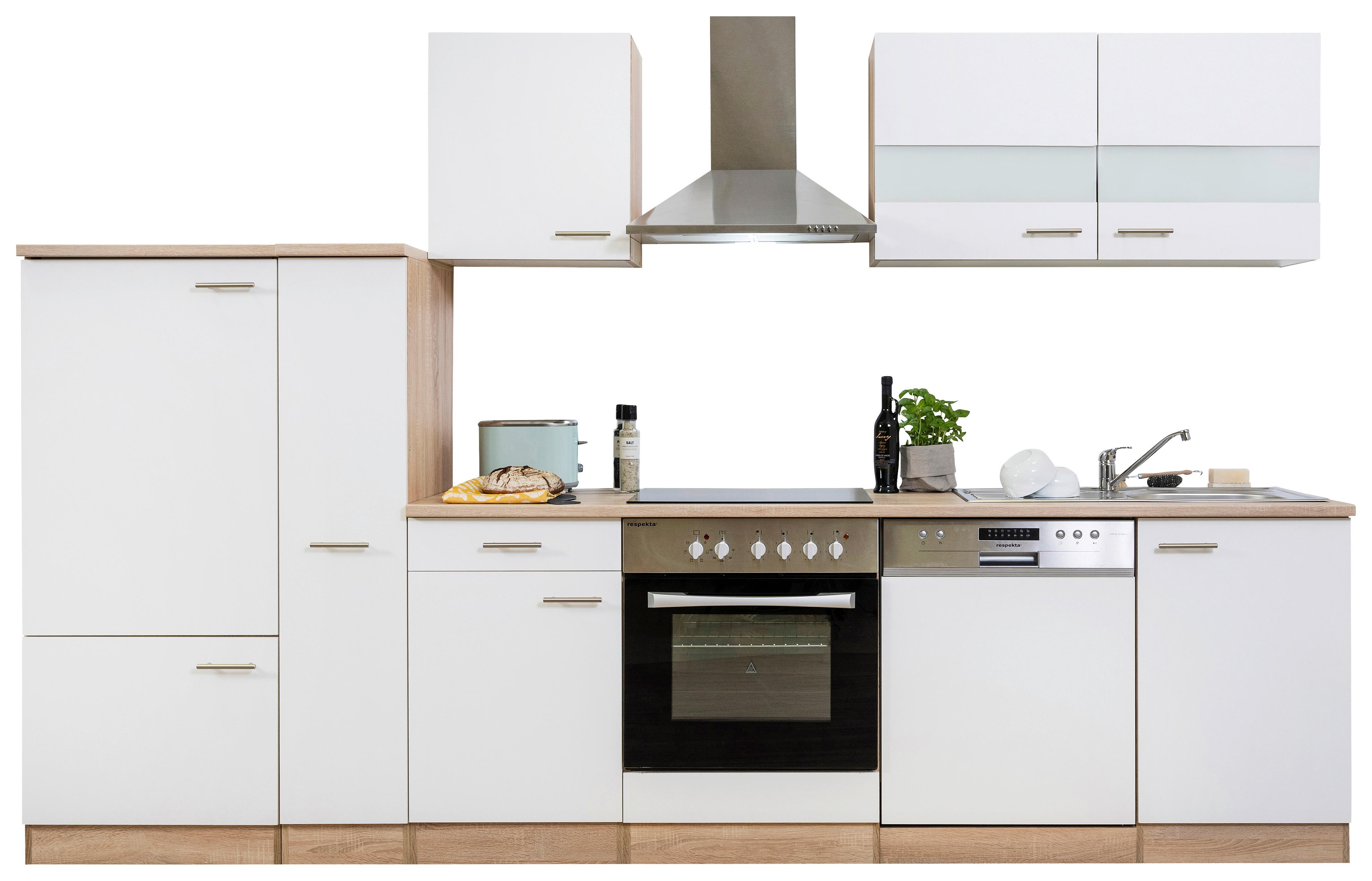 Küchenzeile Economy o. Geräte Weiß/Eiche B: ca. 310 cm - Edelstahlfarben/Eichefarben, Basics, Holzwerkstoff/Metall (310/200/60cm) - Respekta