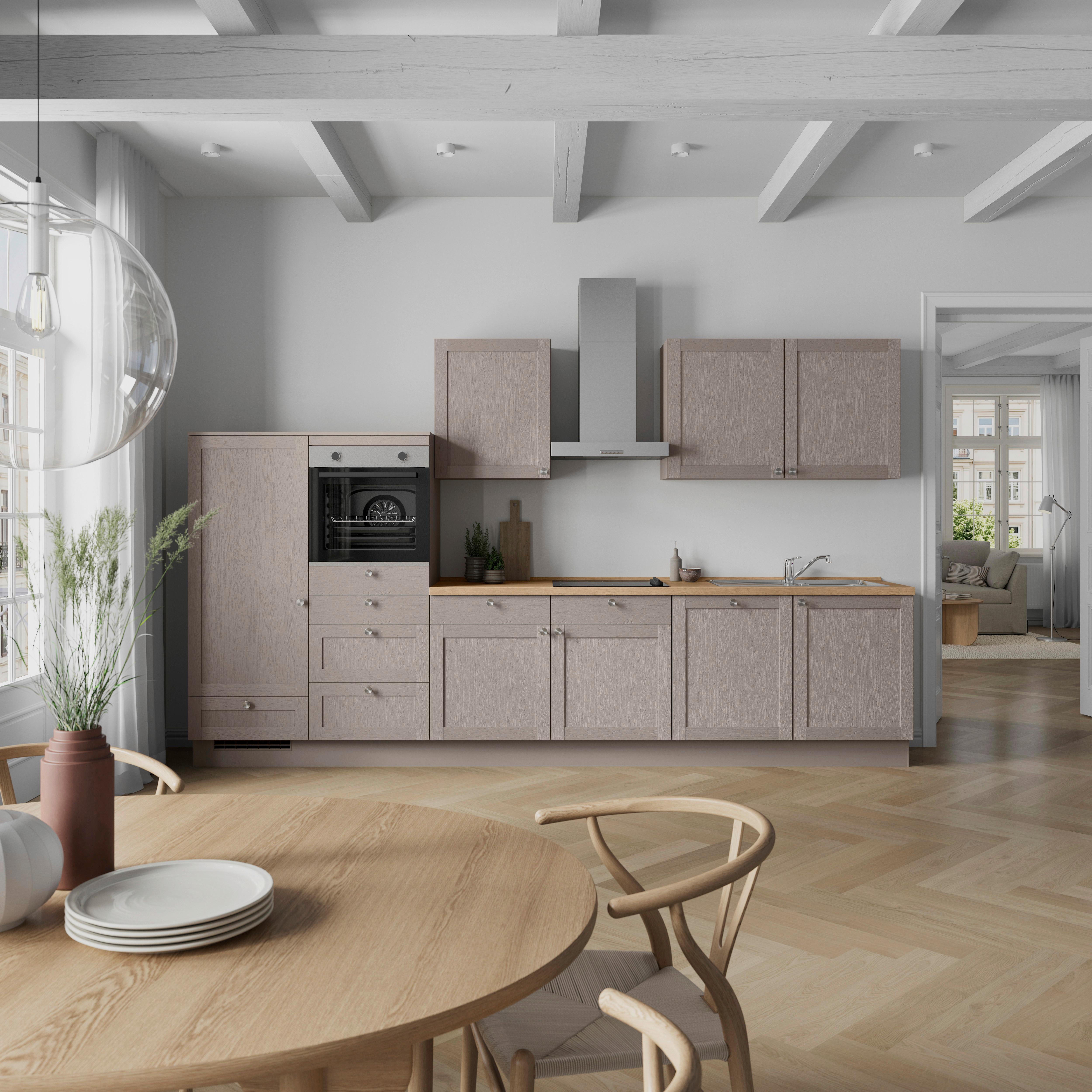 Küchenblock Frame Low m. Geräten Beigebraun - Edelstahlfarben/Eichefarben, MODERN, Holzwerkstoff/Metall (360cm) - Nobilia