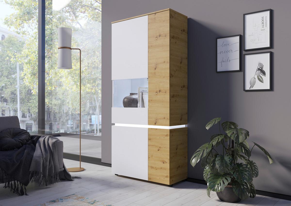 Vitrină LUCI - alb/culoare lemn stejar, Trend, sticlă/material pe bază de lemn (90,4/199/40cm) - Modern Living