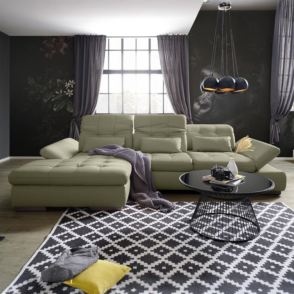 Wohnlandschaft Sanfino Leder Grau - Chromfarben/Grau, KONVENTIONELL, Leder/Metall (199/79-96/305cm) - Premium Living