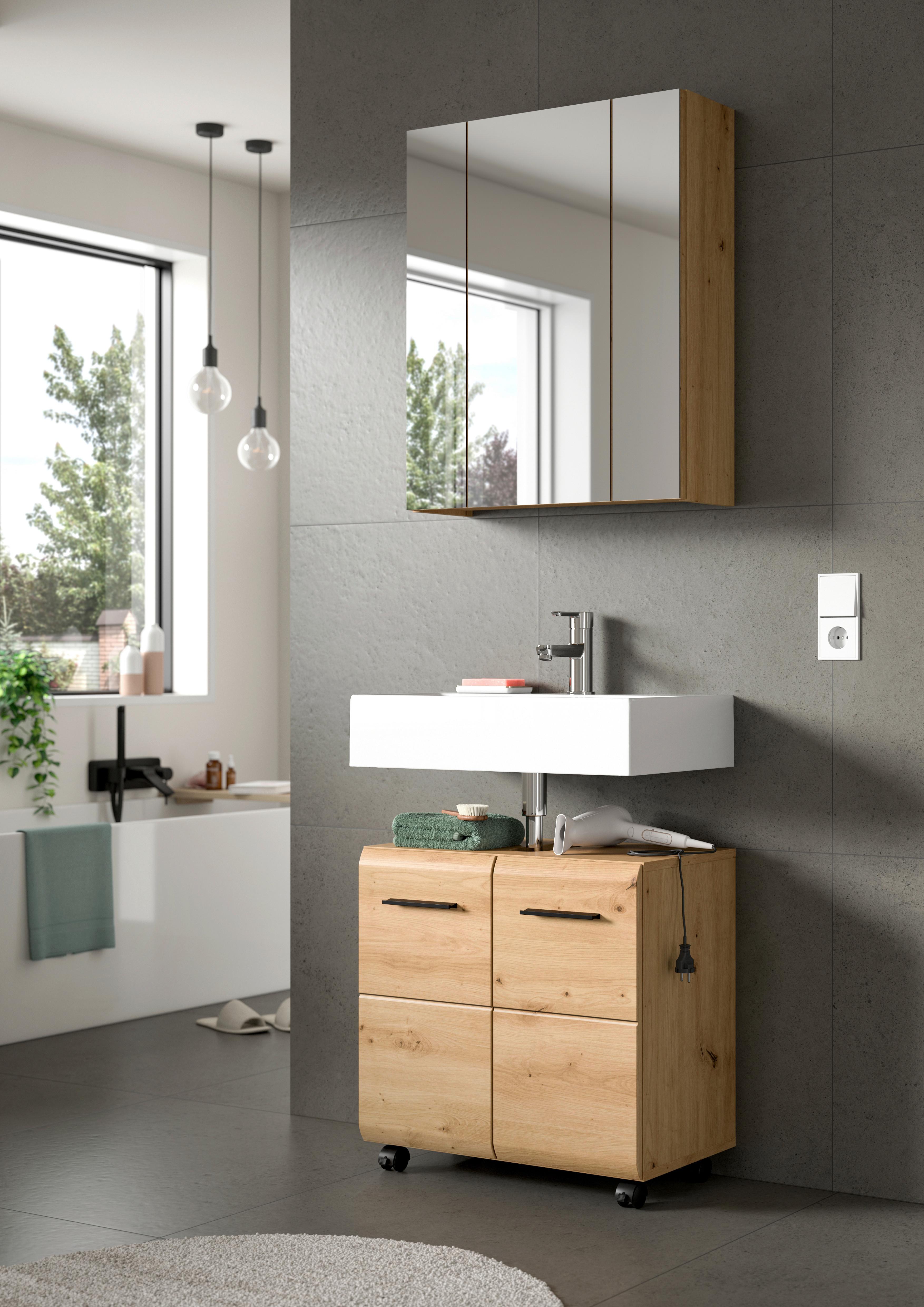 Badezimmer Ice Eiche Artisan - Schwarz/Eiche Artisan, Trend, Glas/Holzwerkstoff (60cm) - MID.YOU