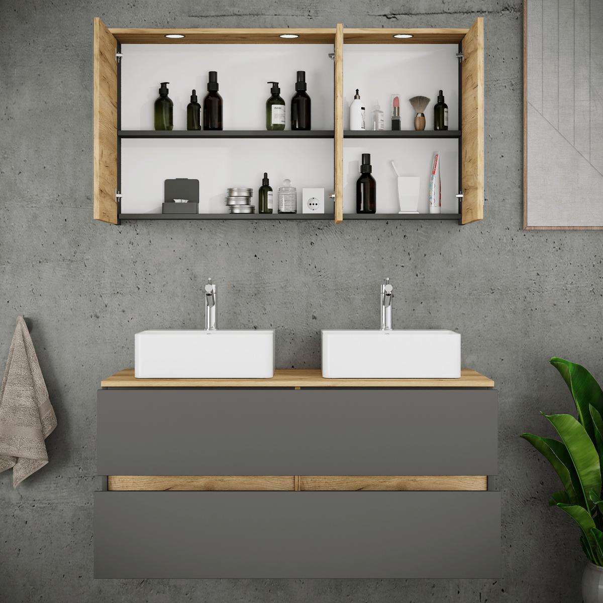 Badezimmer Cosila - Honigeiche/Weiss, Trend, Keramik/Holzwerkstoff (111cm) - MID.YOU