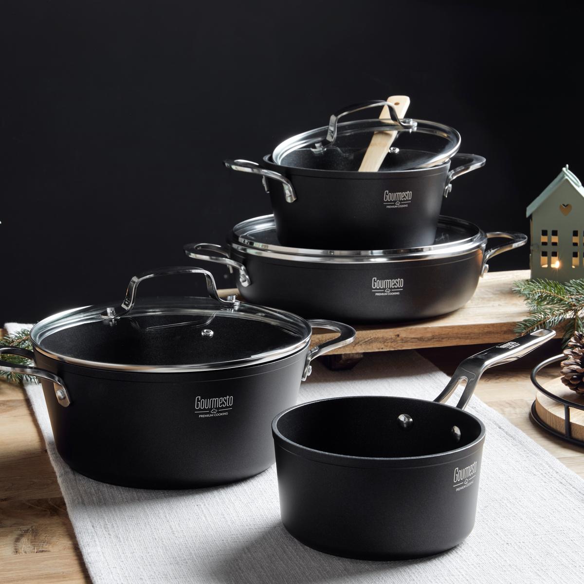 Kochtopfset Profi Line in Schwarz, 7-teilig - Klar/Silberfarben, KONVENTIONELL, Glas/Metall - Gourmesto