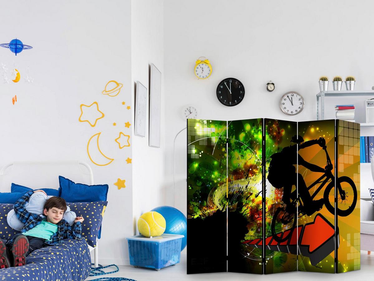 Paravan Bicycle Tricks I, 5-Delni, Dvostranski - rdeča/oranžna, Basics, tekstil/les (225/172/3cm) - artgeist