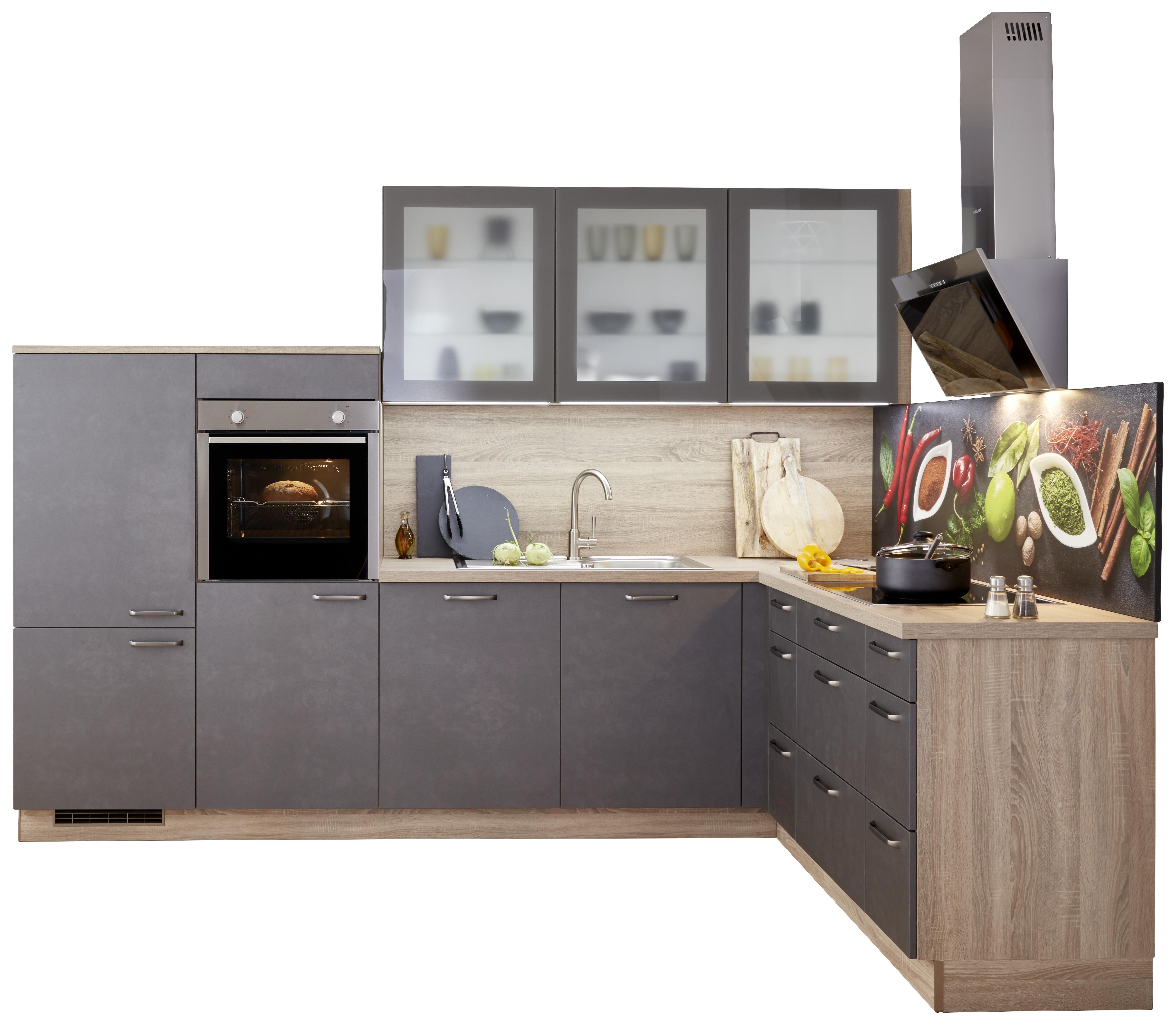 ECKKÜCHE Base Stahl grau - Dunkelgrau/Eichefarben, MODERN, Holzwerkstoff (305/186cm) - Express-Kuechen