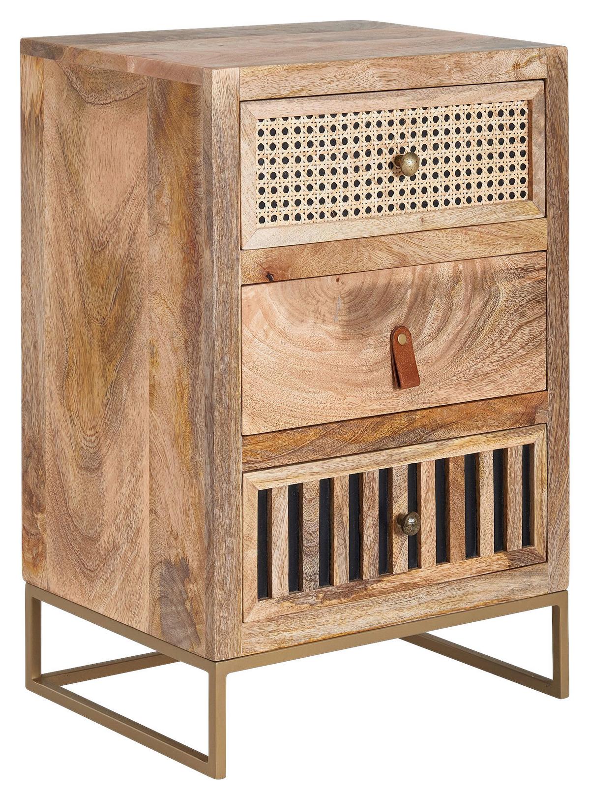 Nachttisch WL6.482 ca.40x60x30cm Mangoholz massiv - Goldfarben/Braun, MODERN, Leder/Holz (40/60/30cm) - MID.YOU