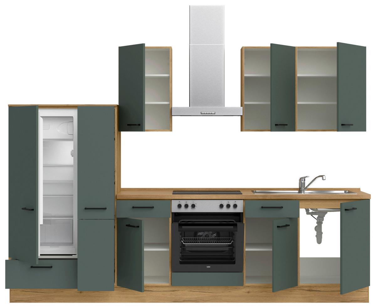 Küchenblock Easytouch m. Geräten Dunkelgrün - Dunkelgrün/Eichefarben, MODERN, Holzwerkstoff/Metall (300cm) - Nobilia