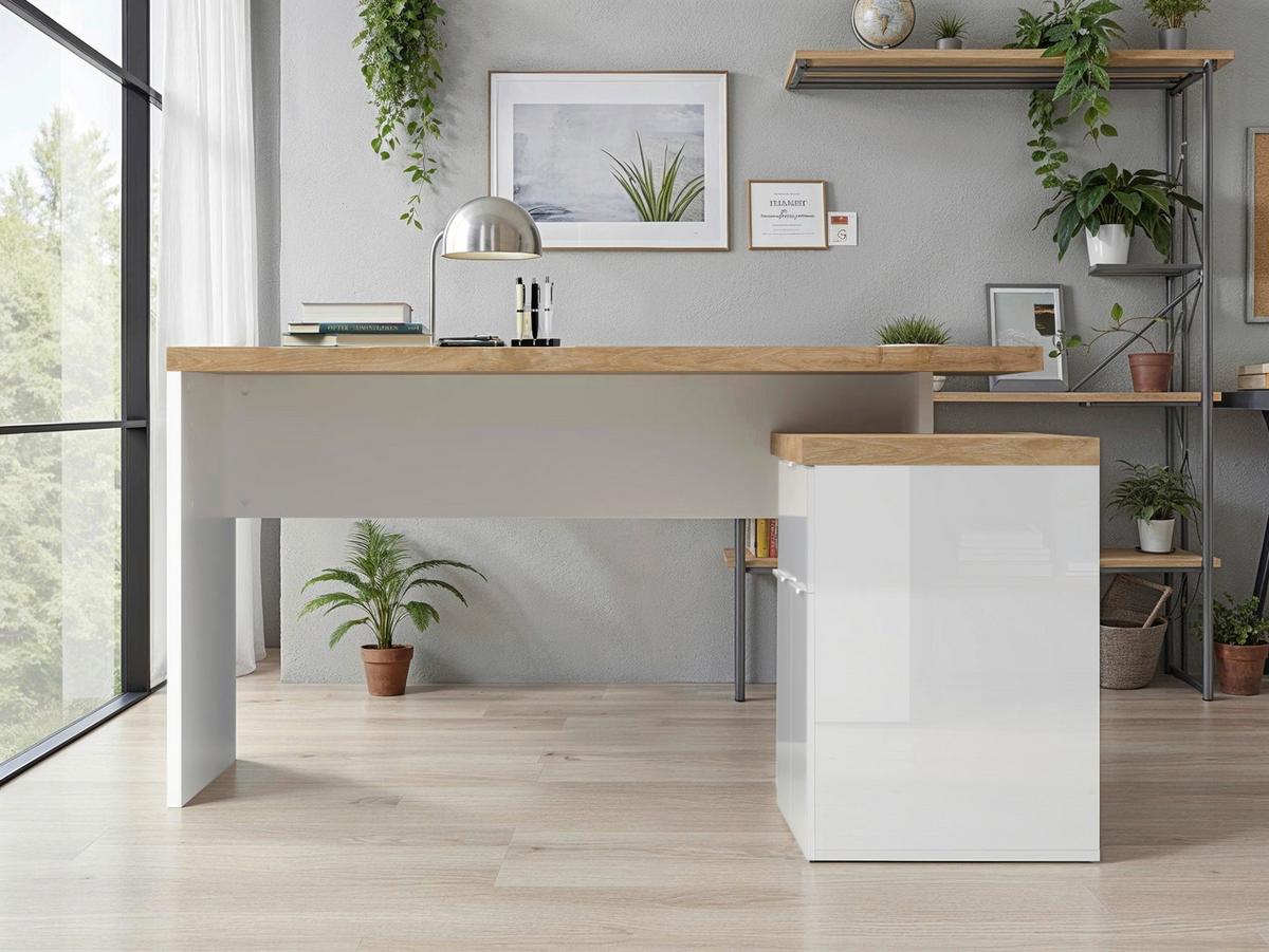 Eckschreibtisch Easy Office Eichefarben/Weiß Hochglanz - Weiß Hochglanz/Eichefarben, MODERN, Holzwerkstoff/Metall (138/75/132cm) - Based