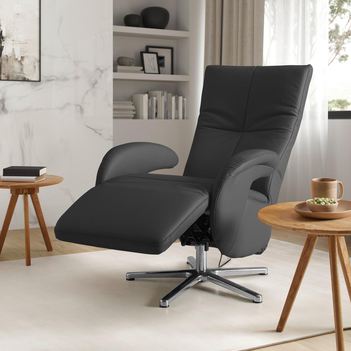 Relaxsessel Sitting 2 Schwarz - Chromfarben/Schwarz, MODERN, Leder (70/111/80cm) - Premium Living