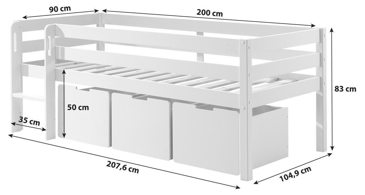 Hochbett Pino mit 3 Schubkästen ca.90x200cm Weiß - Weiß, MODERN, Holz/Holzwerkstoff (90/200cm) - MID.YOU