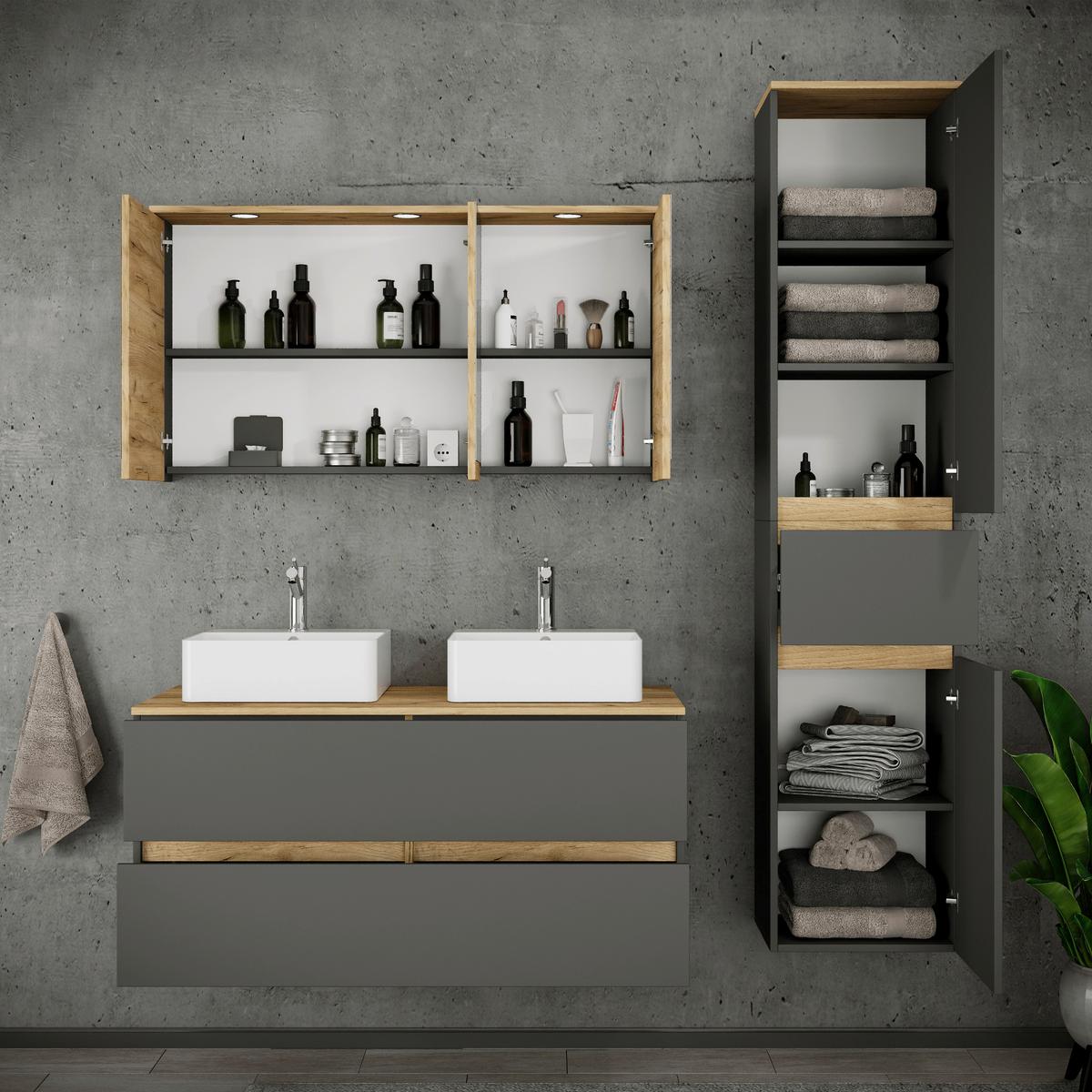 Badezimmer Cosila - Honigeiche/Weiss, Trend, Keramik/Holzwerkstoff (151cm) - MID.YOU