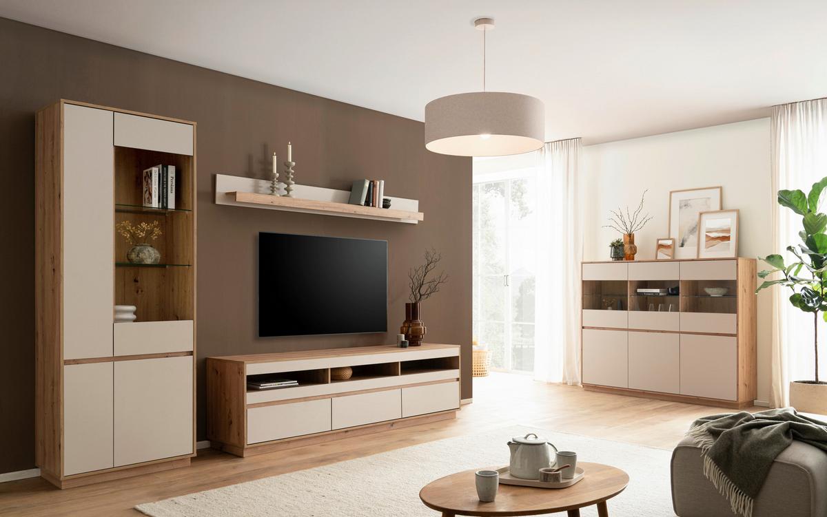 WOHNWAND SONORA - Kaschmir/Eiche Artisan, Design, Glas/Holzwerkstoff (292/205/40cm) - MID.YOU
