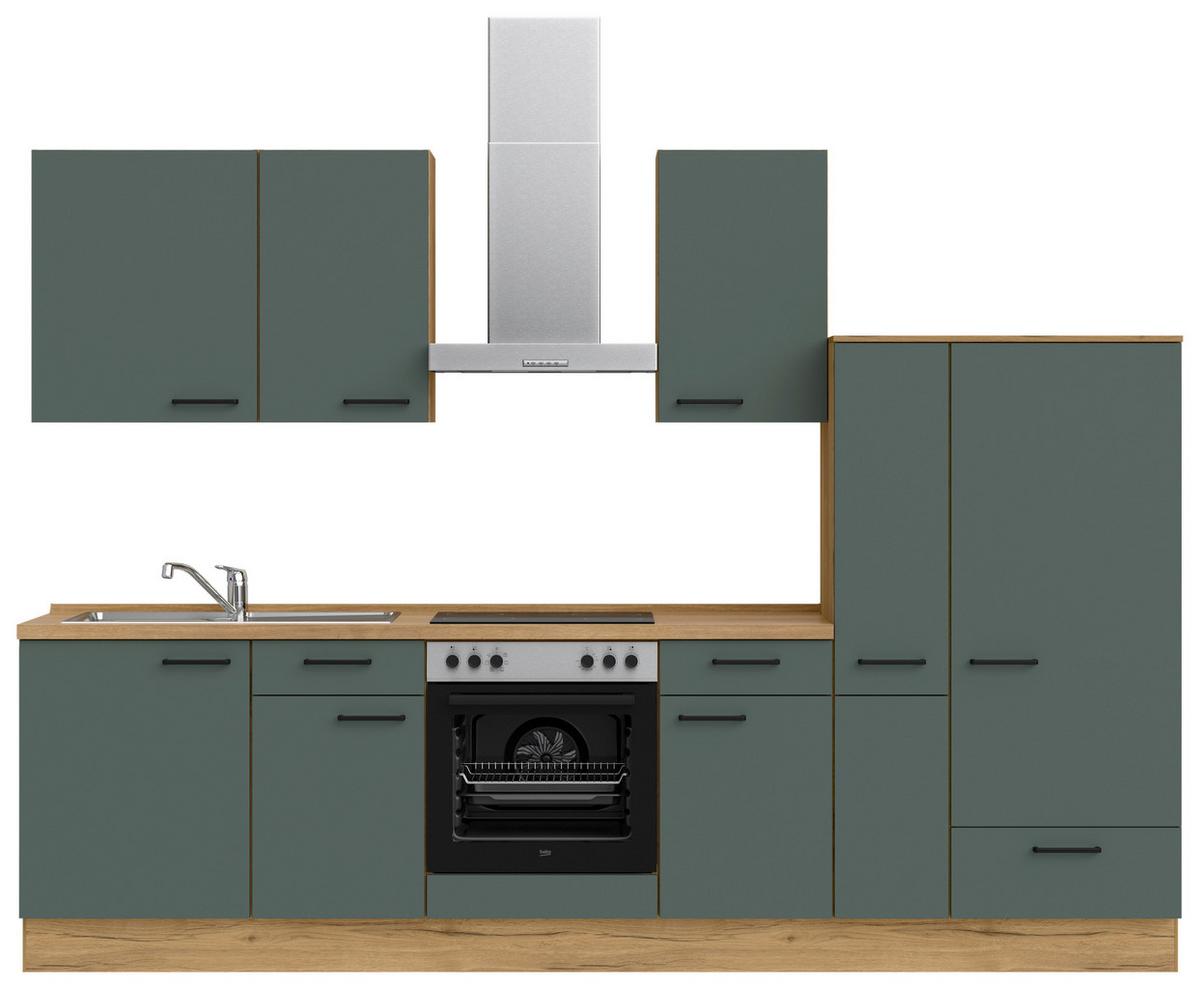 Küchenblock Easytouch m. Geräten Dunkelgrün - Dunkelgrün/Eichefarben, MODERN, Holzwerkstoff/Metall (300cm) - Nobilia