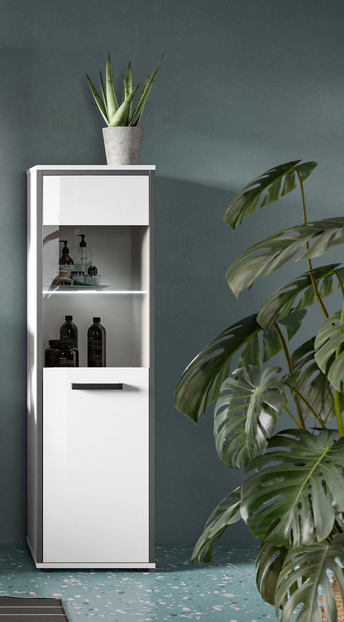 Midischrank Kojak Weiß/Anthrazit mit LED - Weiß Hochglanz/Schwarz, MODERN, Holzwerkstoff/Kunststoff (40/139/34cm) - MID.YOU