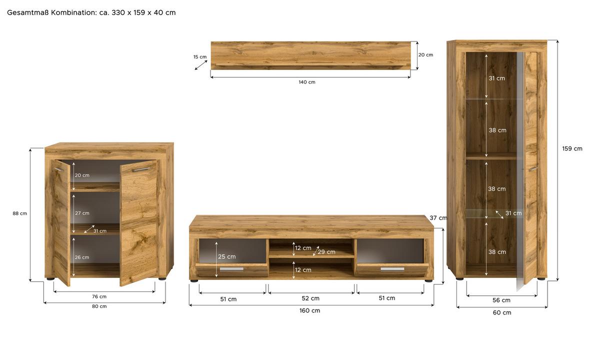 ANSAMBLU MOBILIER CAMERA DE Z JAM - stejar Wotan, Design, sticlă/material pe bază de lemn (330/159/35cm) - Modern Living