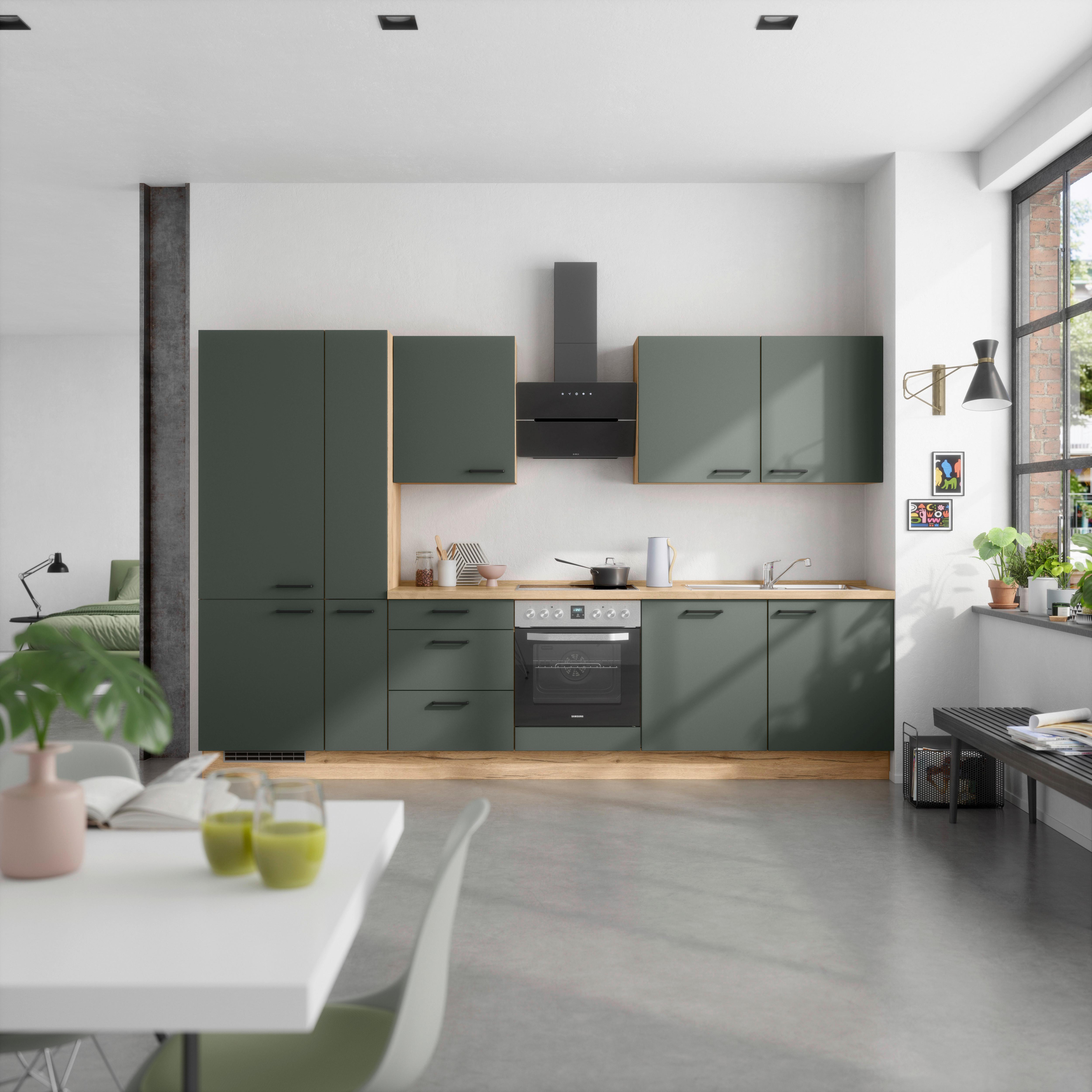 Küchenblock Easytouch High m. Geräten Dunkelgrün - Dunkelgrün/Eichefarben, MODERN, Holzwerkstoff/Metall (330cm) - Nobilia