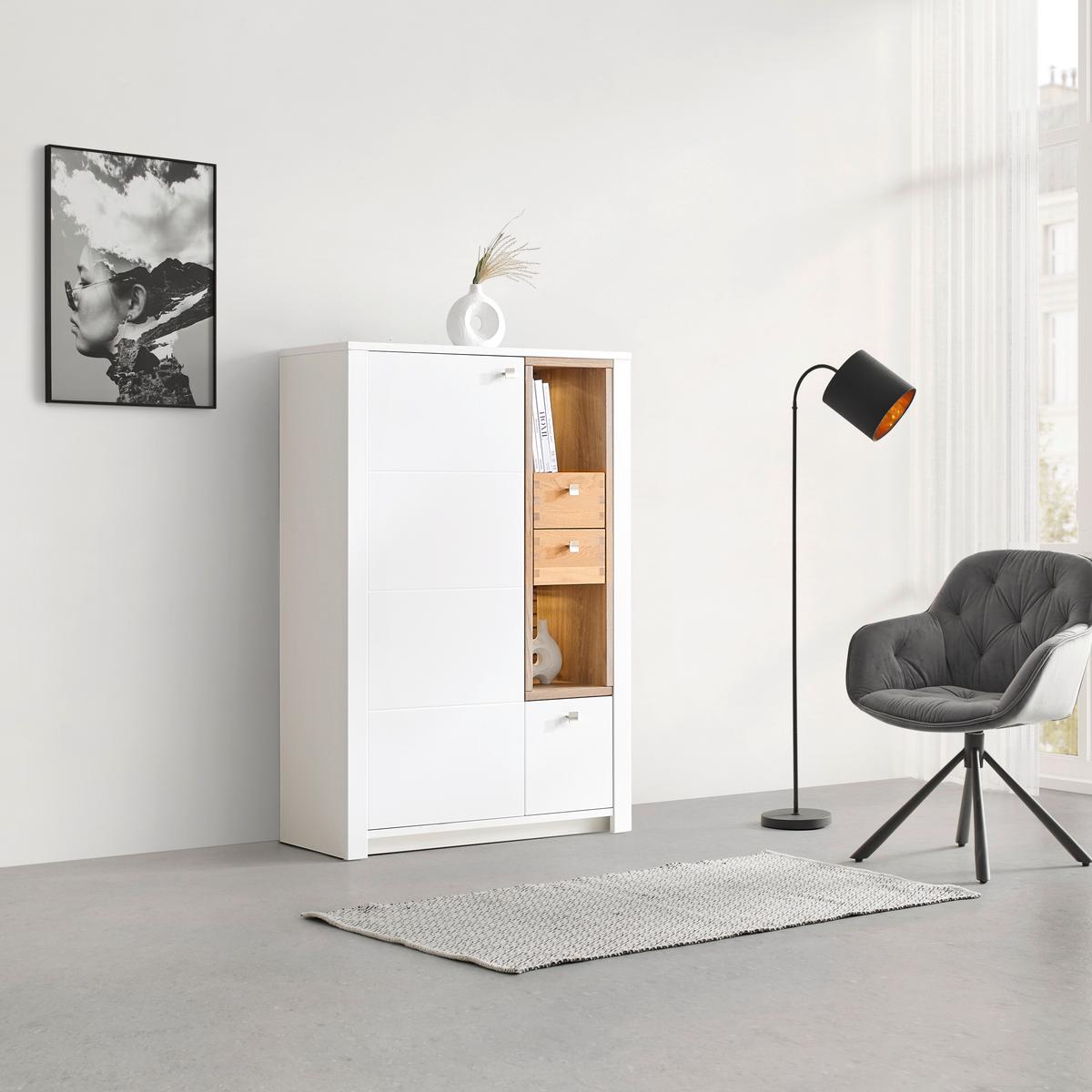 Highboard Whitehouse 10Q8WR06 Weiss/Eichefarben - Weiss/Edelstahlfarben, Modern, Holz/Holzwerkstoff (92/138/41cm) - Premium Living