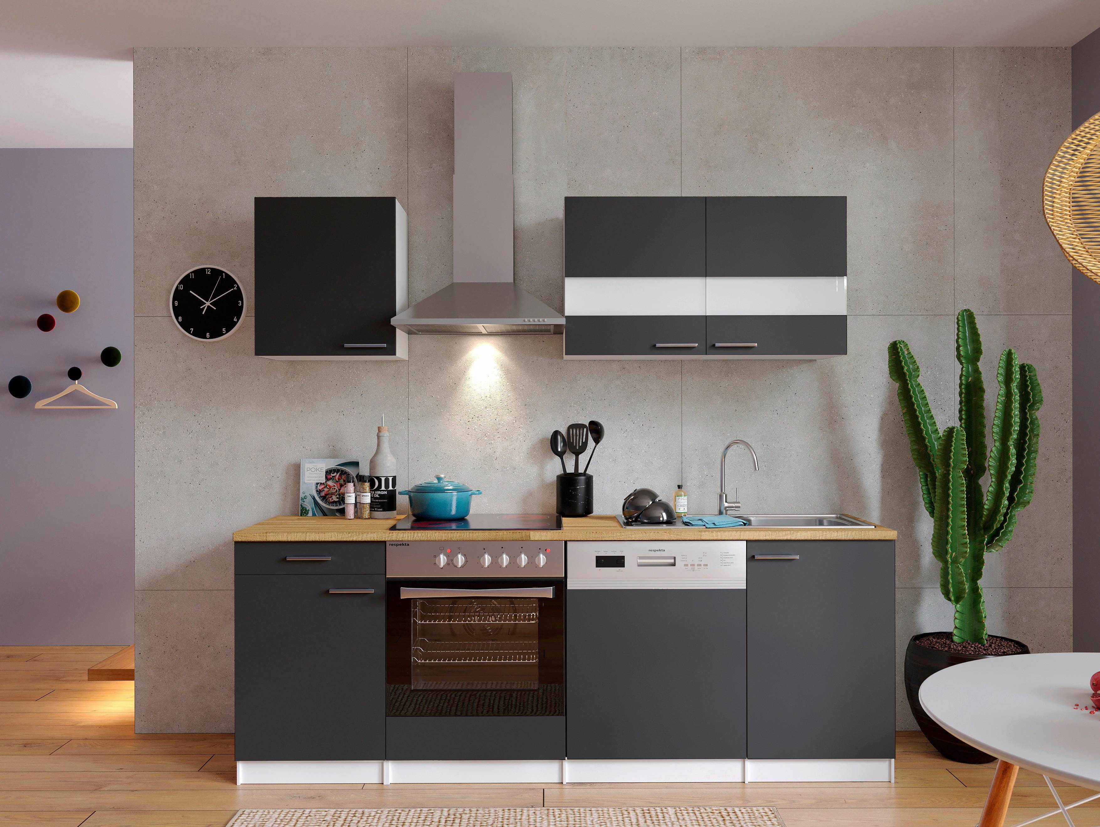 Küchenzeile Economy m. Geräten Grau/Nussbaum B: ca. 220 cm - Edelstahlfarben/Nussbaumfarben, Basics, Holzwerkstoff/Metall (220cm) - Respekta