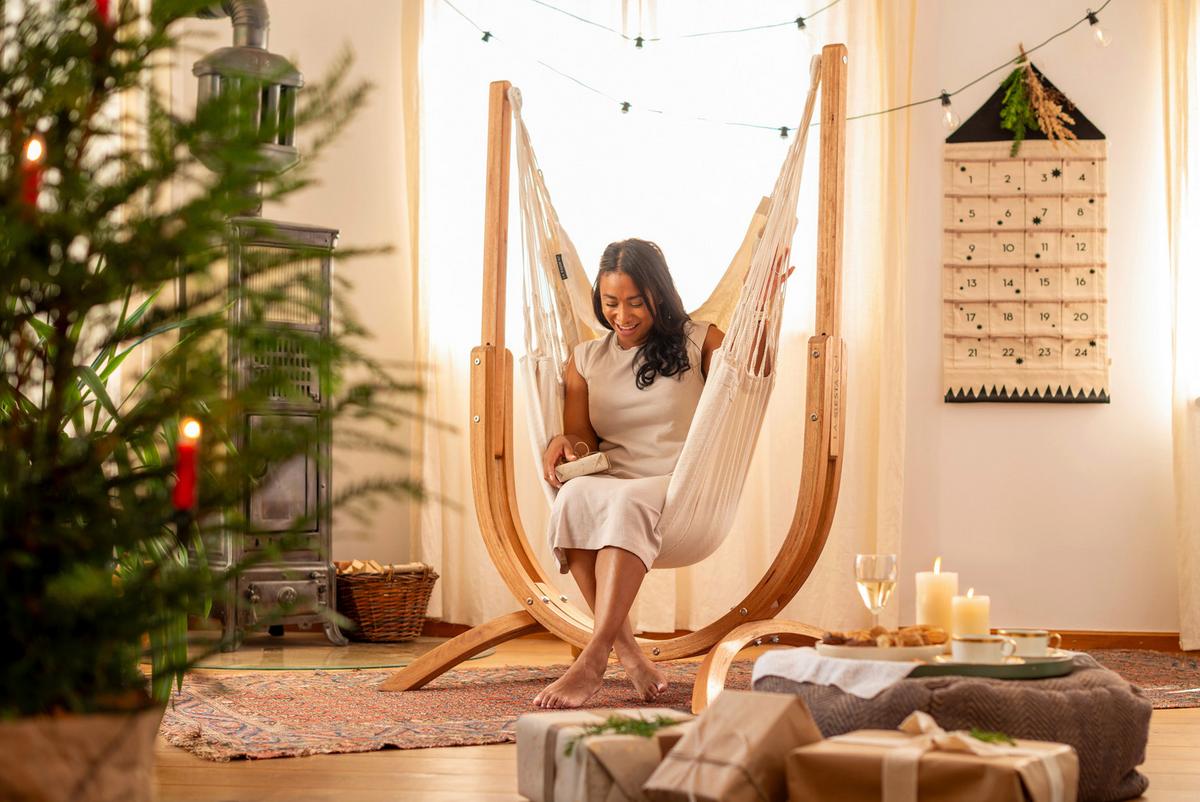 Hängematte Hammock Chair and Stand Natur/Weiß, 2er Set - Eukalyptusholzfarben/Naturfarben, KONVENTIONELL, Holz/Textil (100/152/92cm) - La Siesta