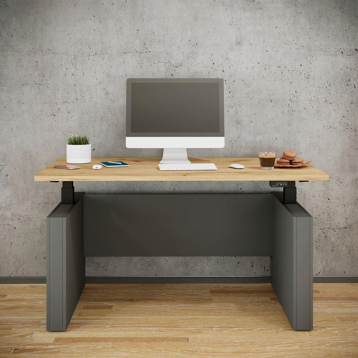 Schreibtisch E-Salia - Honigeiche/Anthrazit, Konventionell, Holzwerkstoff (138/80/73-122cm) - MID.YOU