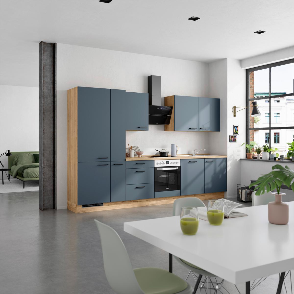 Küchenblock Easytouch High m. Geräten Dunkelblau - Eichefarben/Schwarz, MODERN, Holzwerkstoff/Metall (330cm) - Nobilia