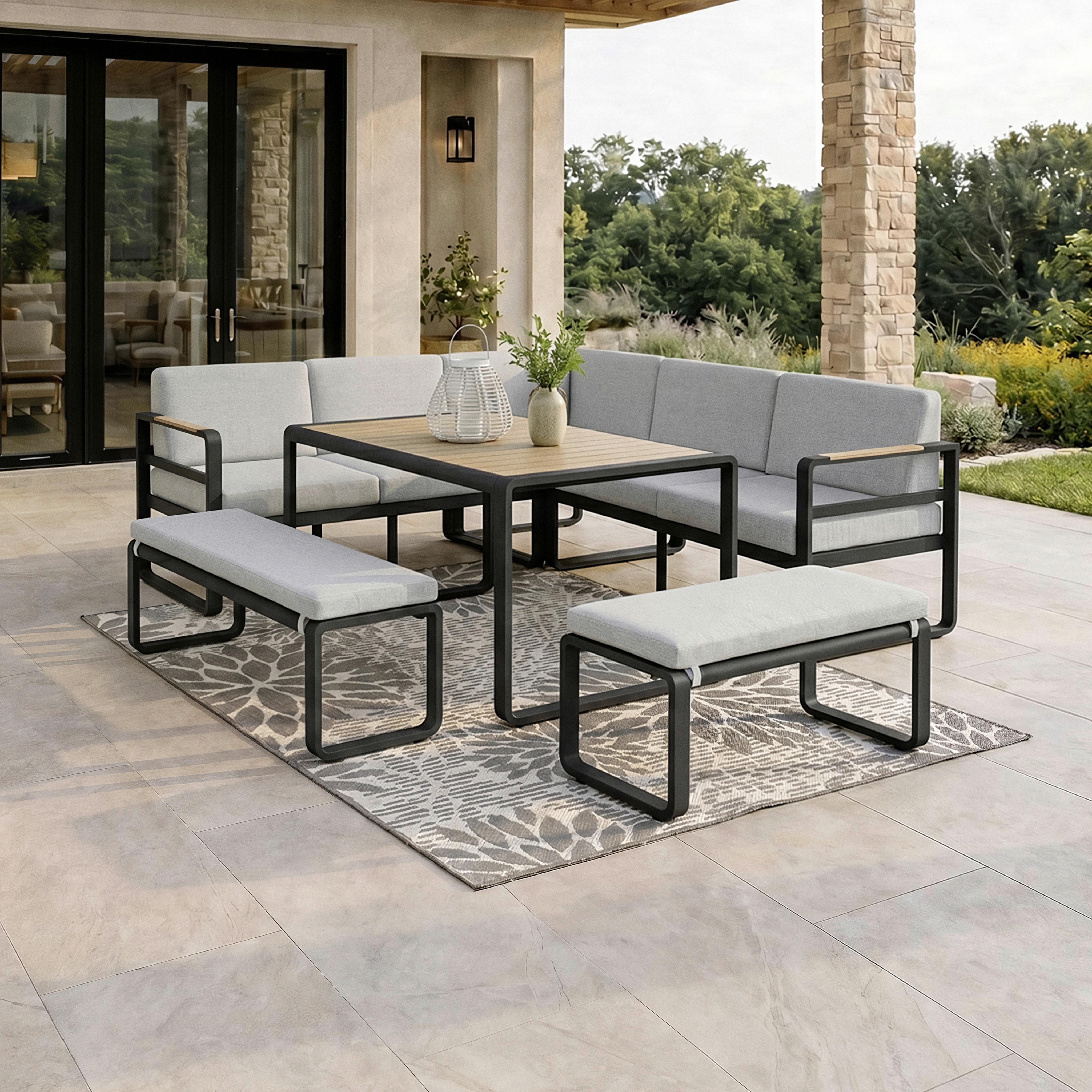 Dining-loungeset Aruba - Hellgrau/Schwarz, Modern, Kunststoff/Textil - Bessagi Garden