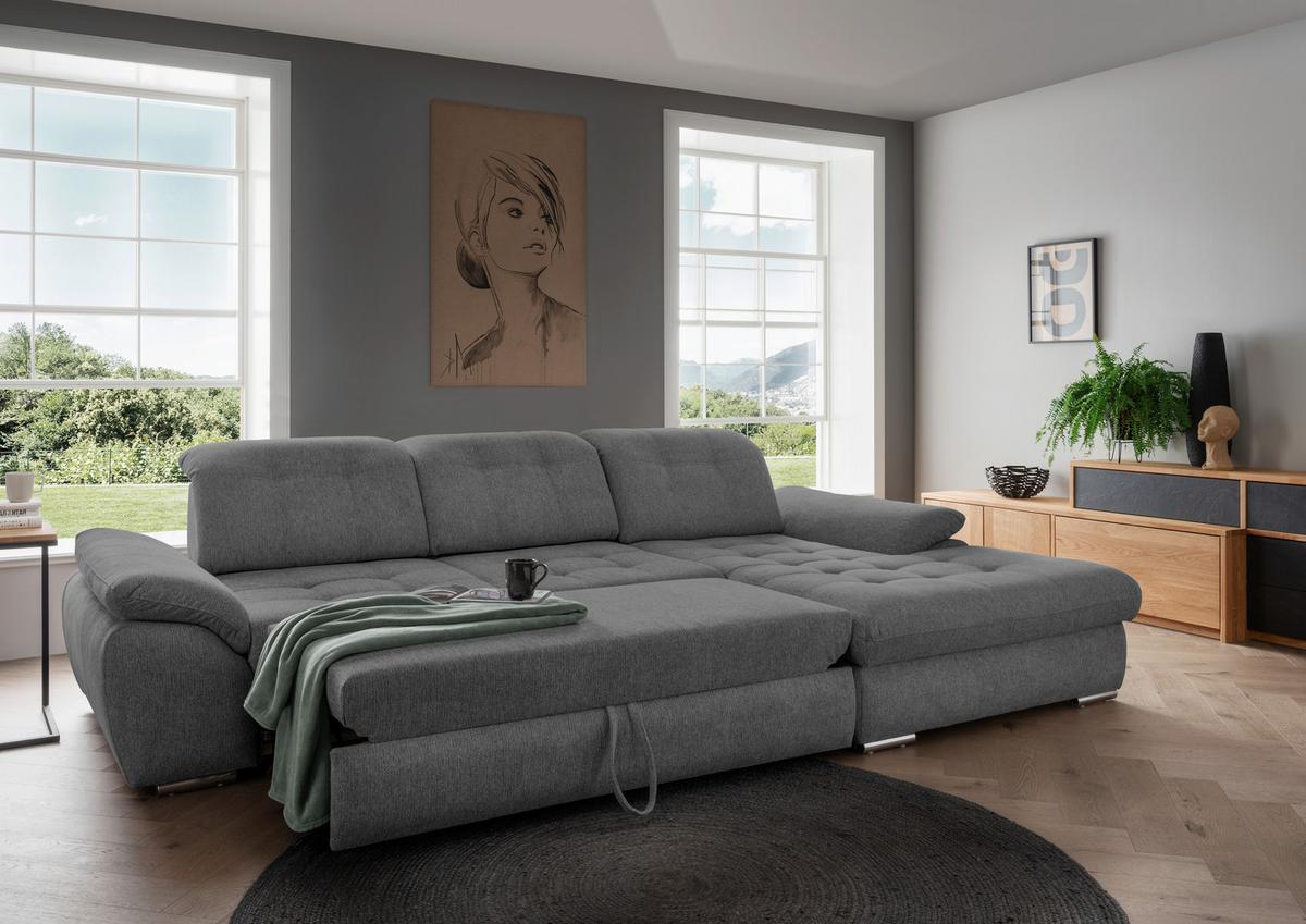 Ecksofa Rigatti mit Bettkasten ca. 314x184 cm Graubraun - Chromfarben/Graubraun, MODERN, Textil/Metall (314/184cm) - Livetastic