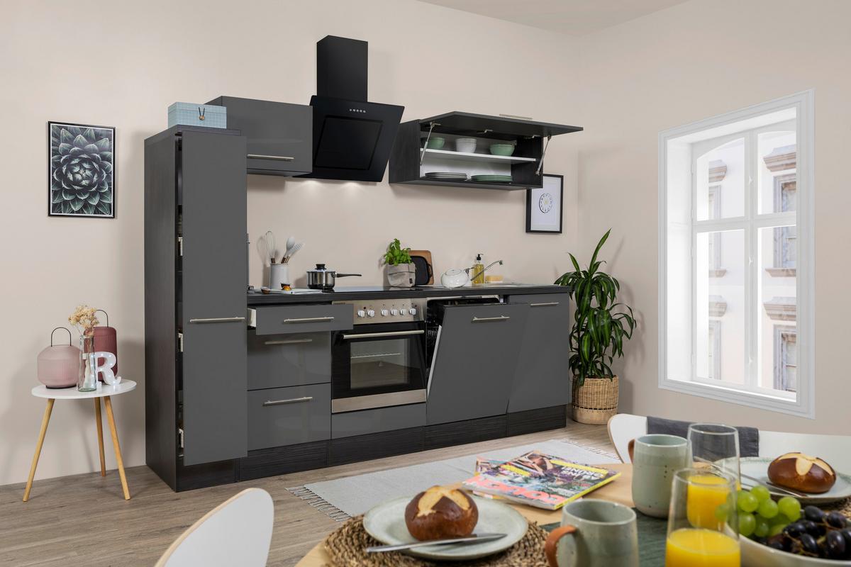 Küchenzeile Grau Hochglanz/ Schwarz mit Geräte B: 250 cm - Alufarben/Schwarz, Basics, Holzwerkstoff (250cm) - Respekta