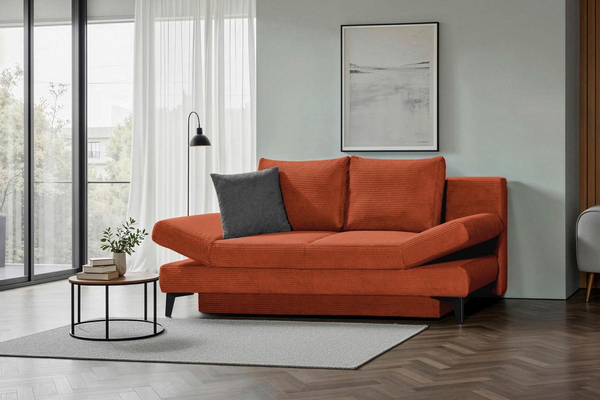 SOFA Z FUNKCJĄ SPANIA MELBOURNE - kolor rdzawy/czarny, Design, metal/tkanina (200/85/90cm) - Novel