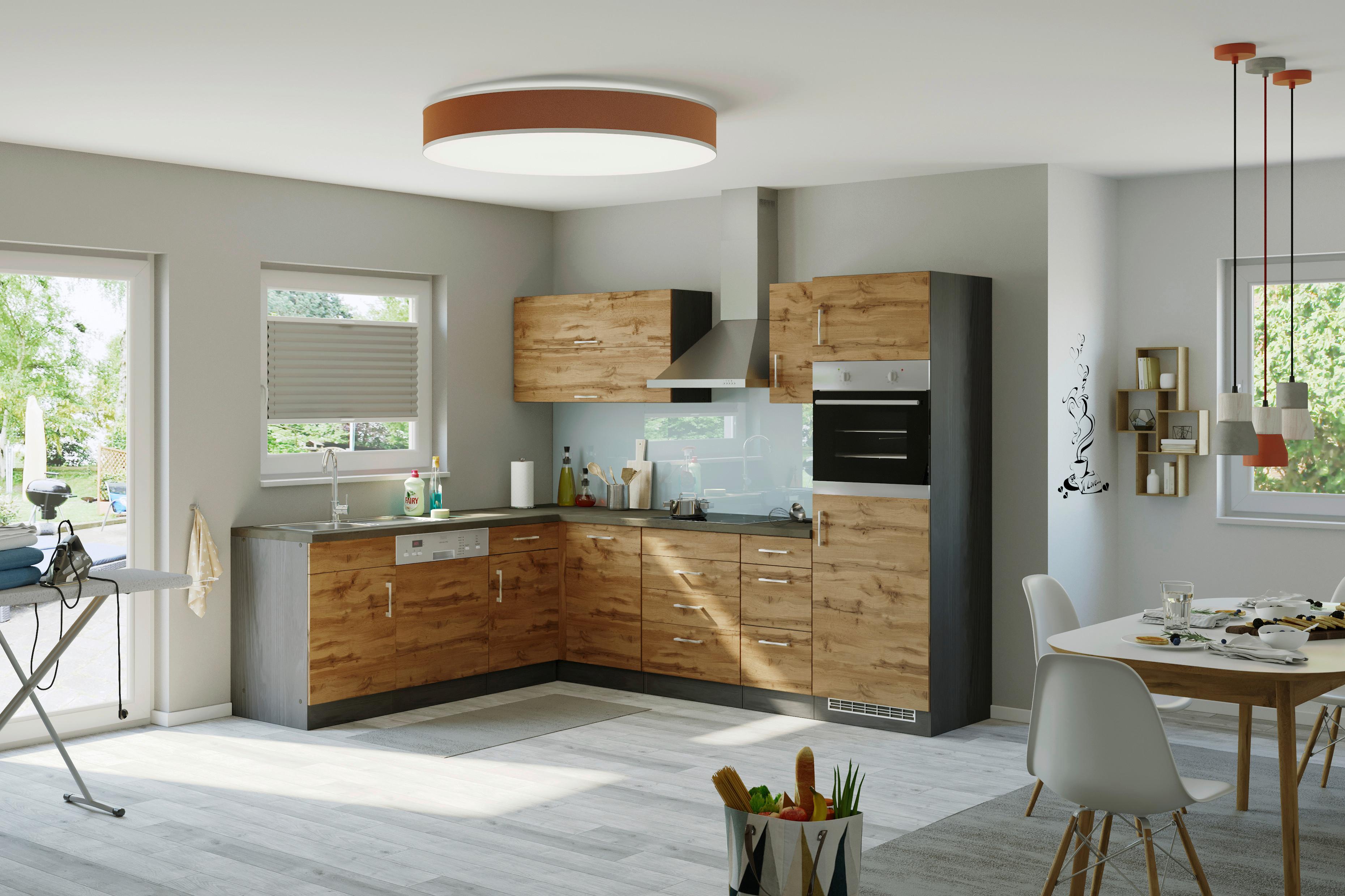 Eckküche Winkelblock mit Geräten ca. 210x270 cm Eiche - Chromfarben/Schieferfarben, MODERN, Holzwerkstoff/Metall (210/270cm) - Held