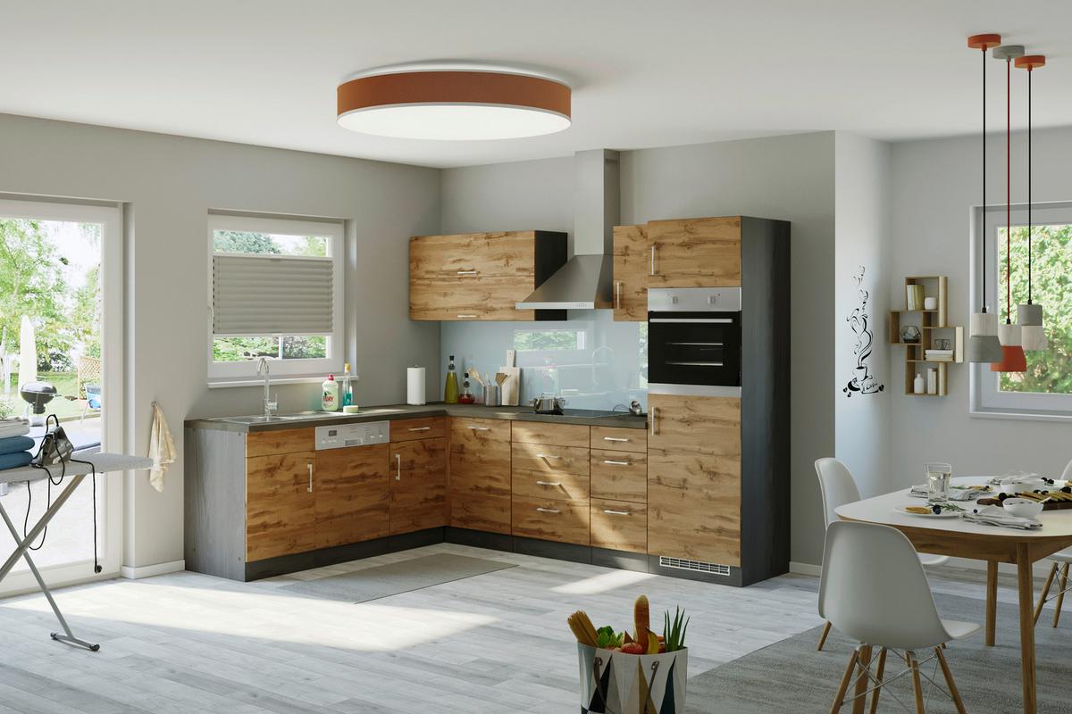 Eckküche Winkelblock mit Geräten ca. 210x270 cm Eiche - Chromfarben/Schieferfarben, MODERN, Holzwerkstoff/Metall (210/270cm) - Held