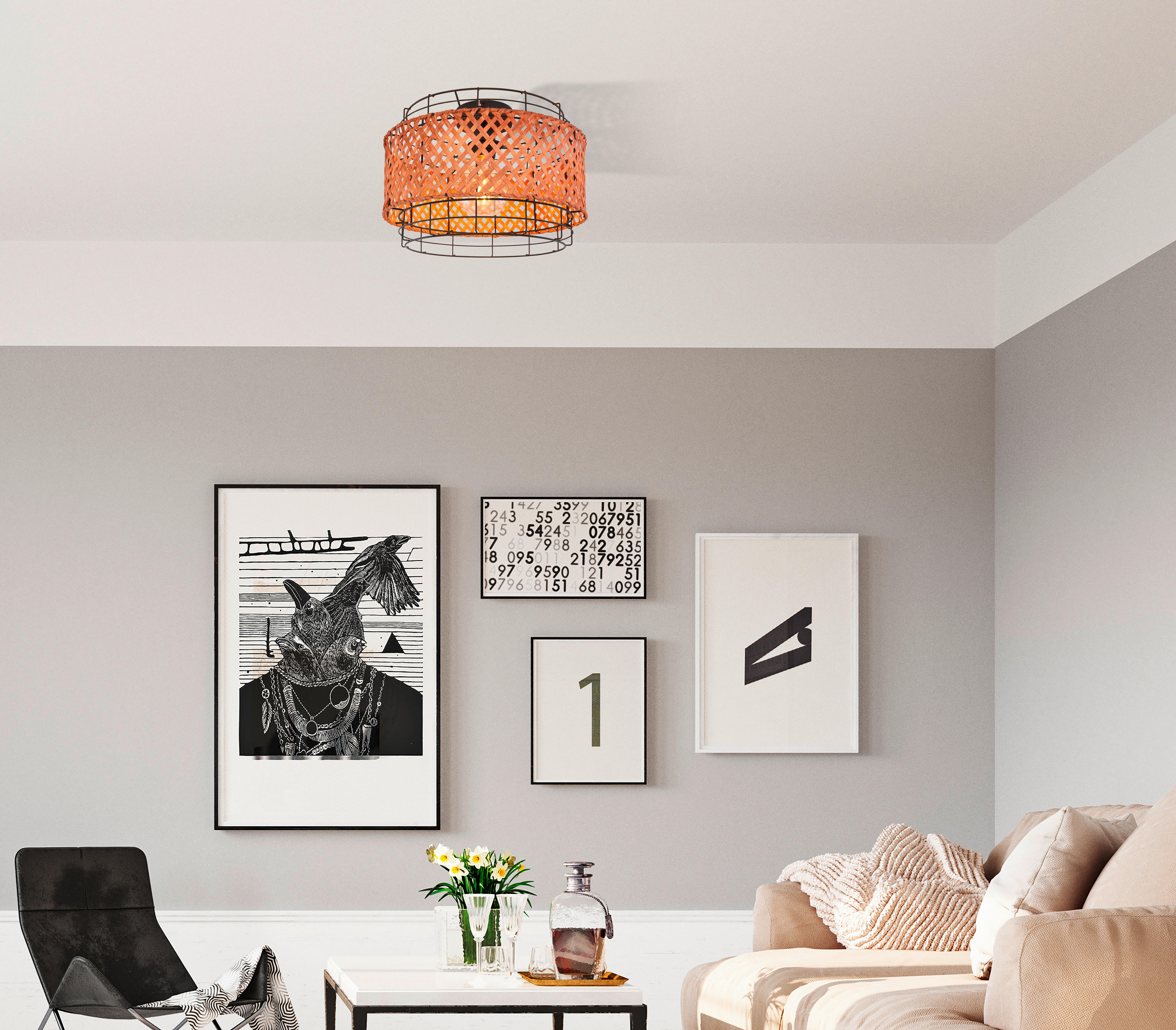 Deckenleuchte Gina in Schwarz max. 40 Watt - Dunkelbraun/Schwarz, Natur, Naturmaterialien/Metall (35/24,5cm) - Globo