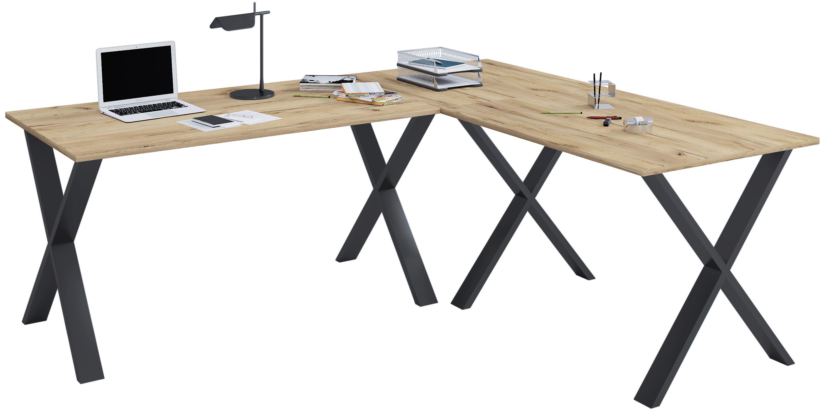 Kotna Pisalna Miza Lona, Barva Hrasta, Črna, 190x190cm - srebrne barve/črna, Moderno, leseni material (190/190/76cm) - MID.YOU