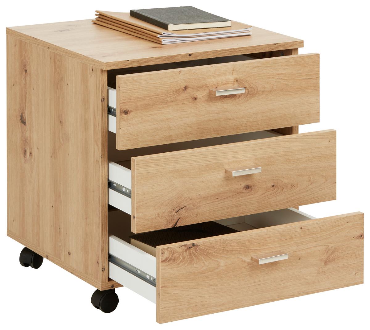 Rollcontainer in Eichefarben - Eichefarben/Silberfarben, Modern, Holzwerkstoff/Kunststoff (45/52/45cm) - Mömax