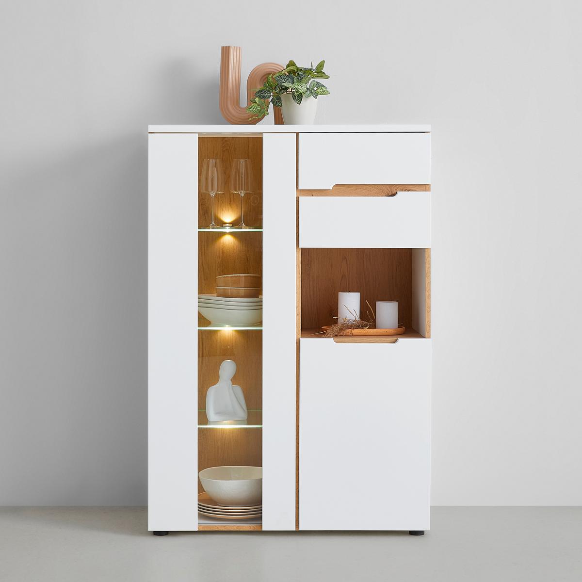 Vitrine Dallas Weiss/Eiche Artisan - Weiss/Schwarz, Modern, Holzwerkstoff (85/127/38cm) - Premium Living