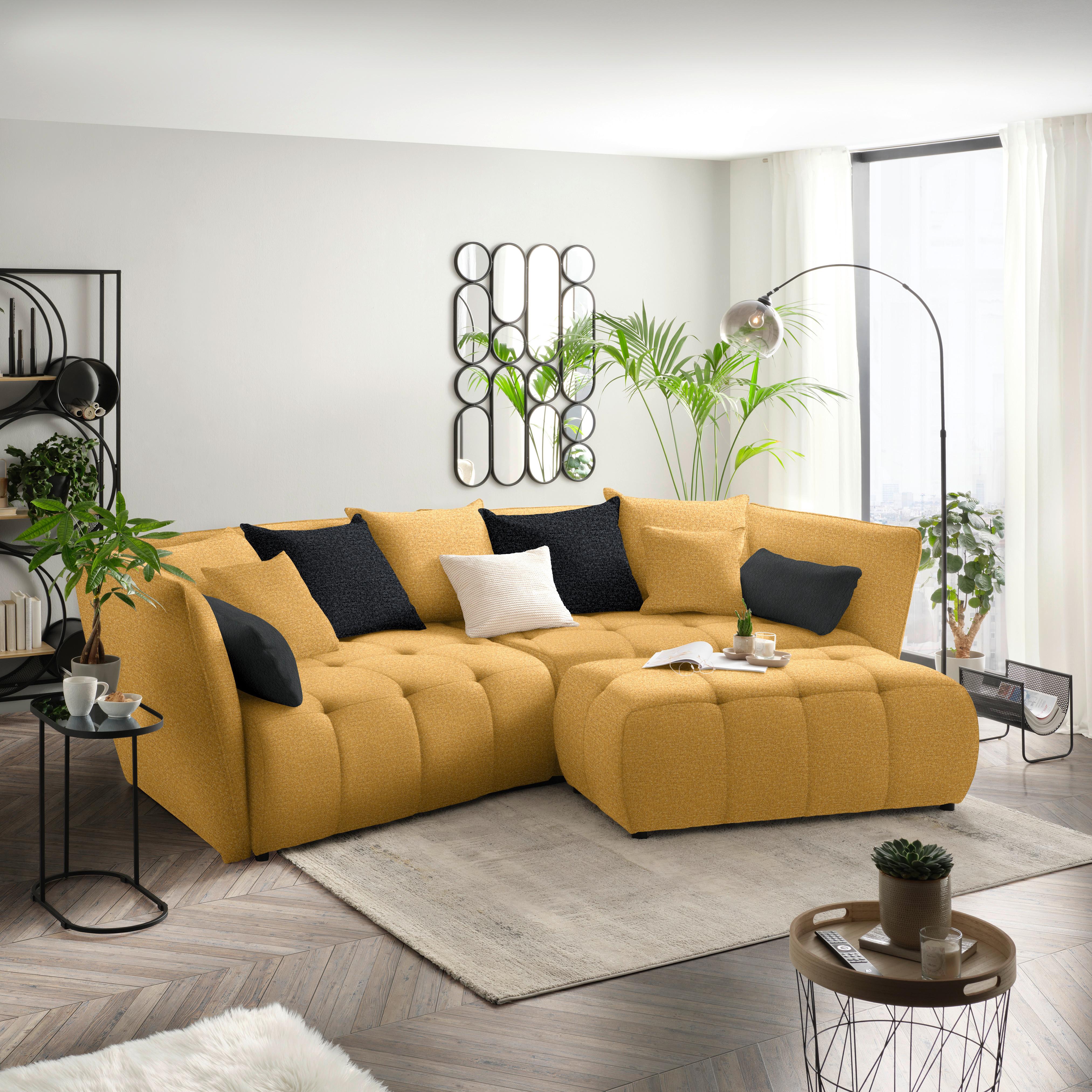 Canapea Boxspring SOFI - galben muștar/gri închis, Modern, textil (294/93/152cm) - Premium Living
