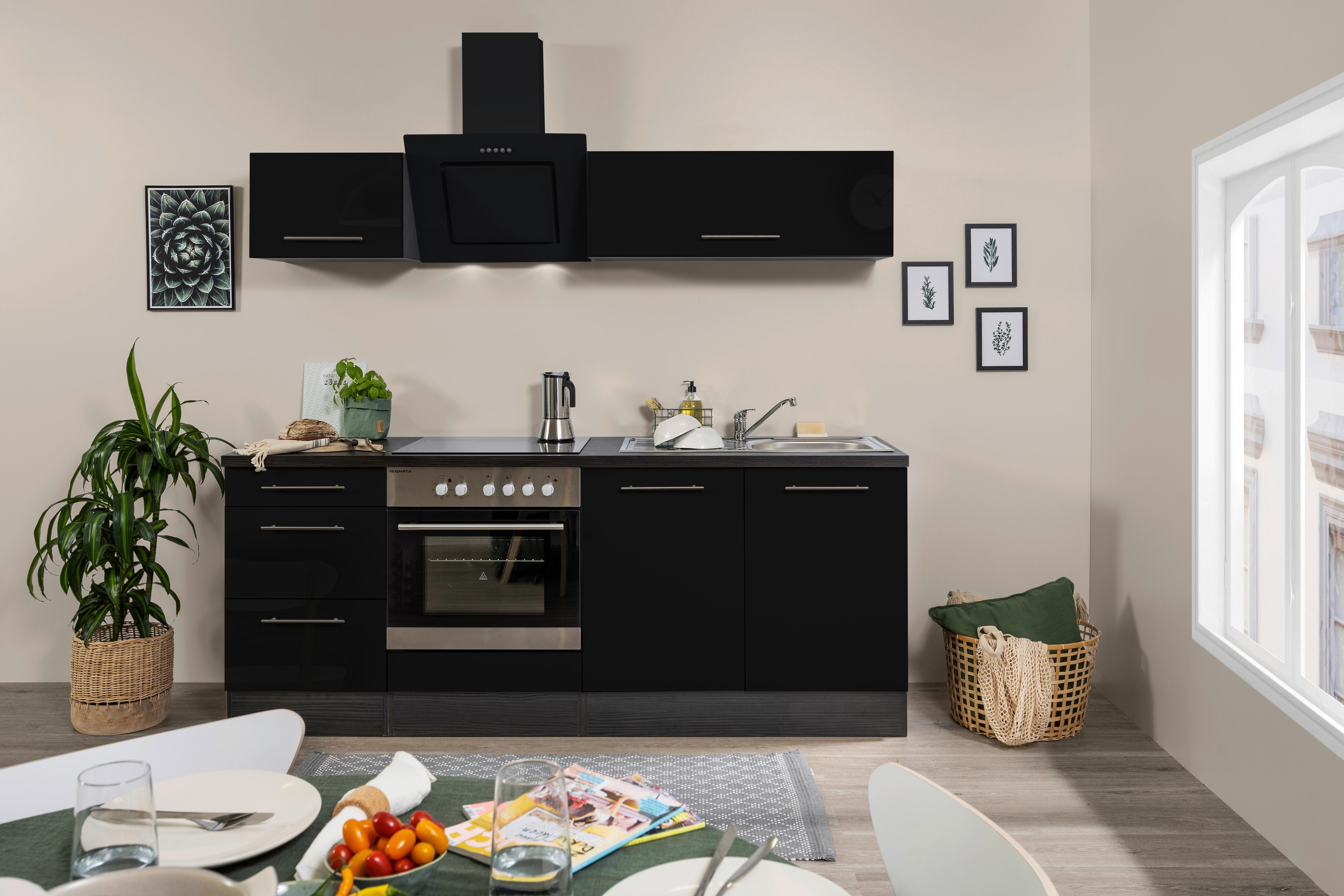 Küchenblock Schwarz Hochglanz m. Geräte B: ca. 210 cm - Schwarz/Alufarben, Basics, Holzwerkstoff (210cm) - Respekta