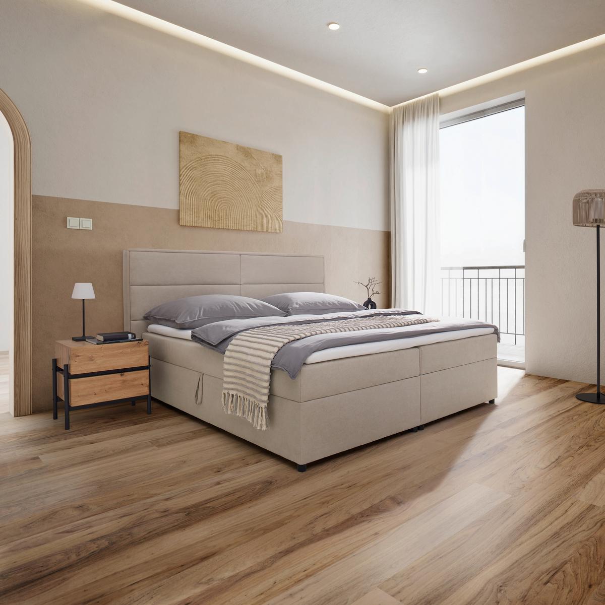 Boxbett Kiara Beige ca. 180x200cm mit Topper - Beige/Schwarz, MODERN, Holz/Textil (180/200cm) - Bessagi Home