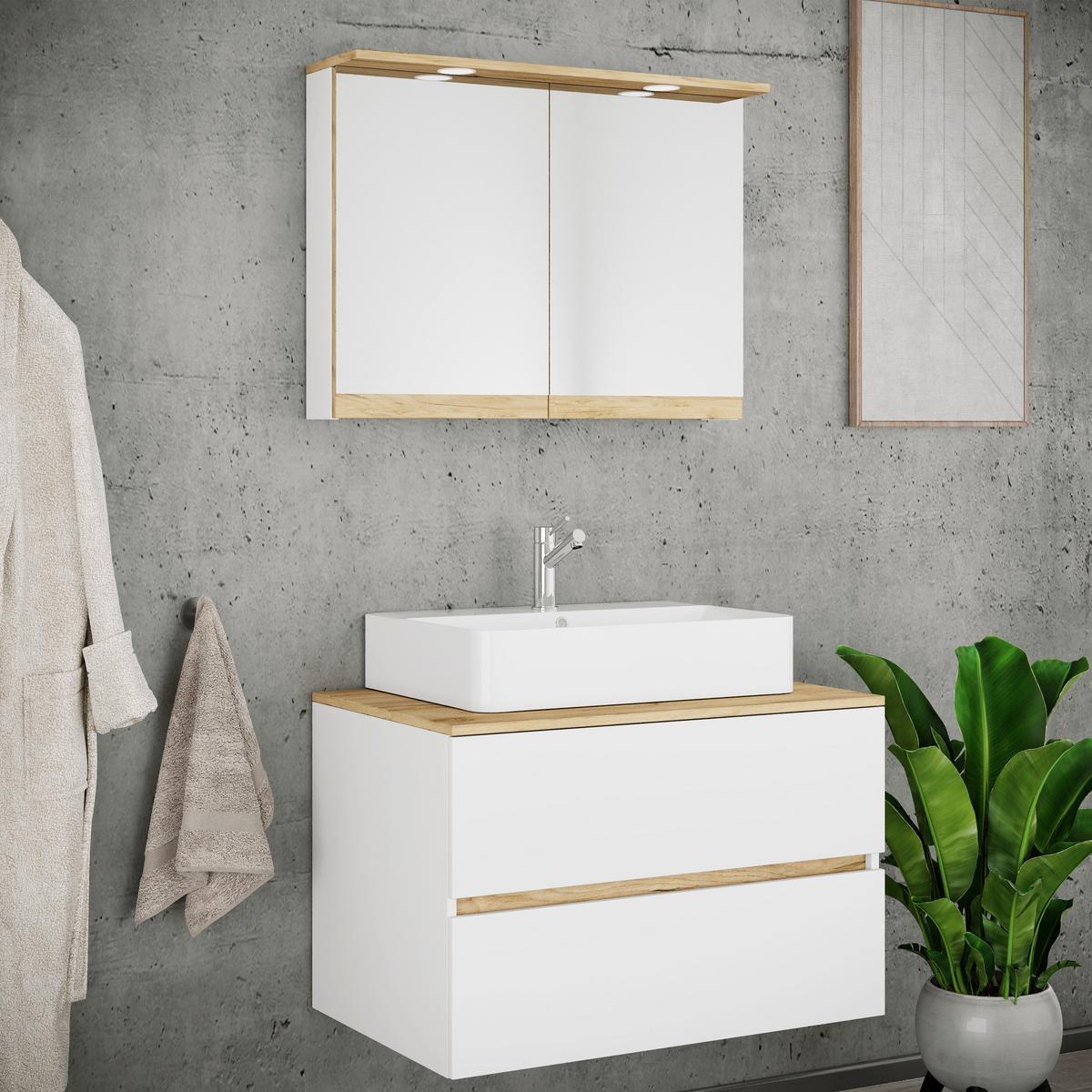 Badezimmer Cosila - Honigeiche/Weiss, Trend, Keramik/Holzwerkstoff (80cm) - MID.YOU