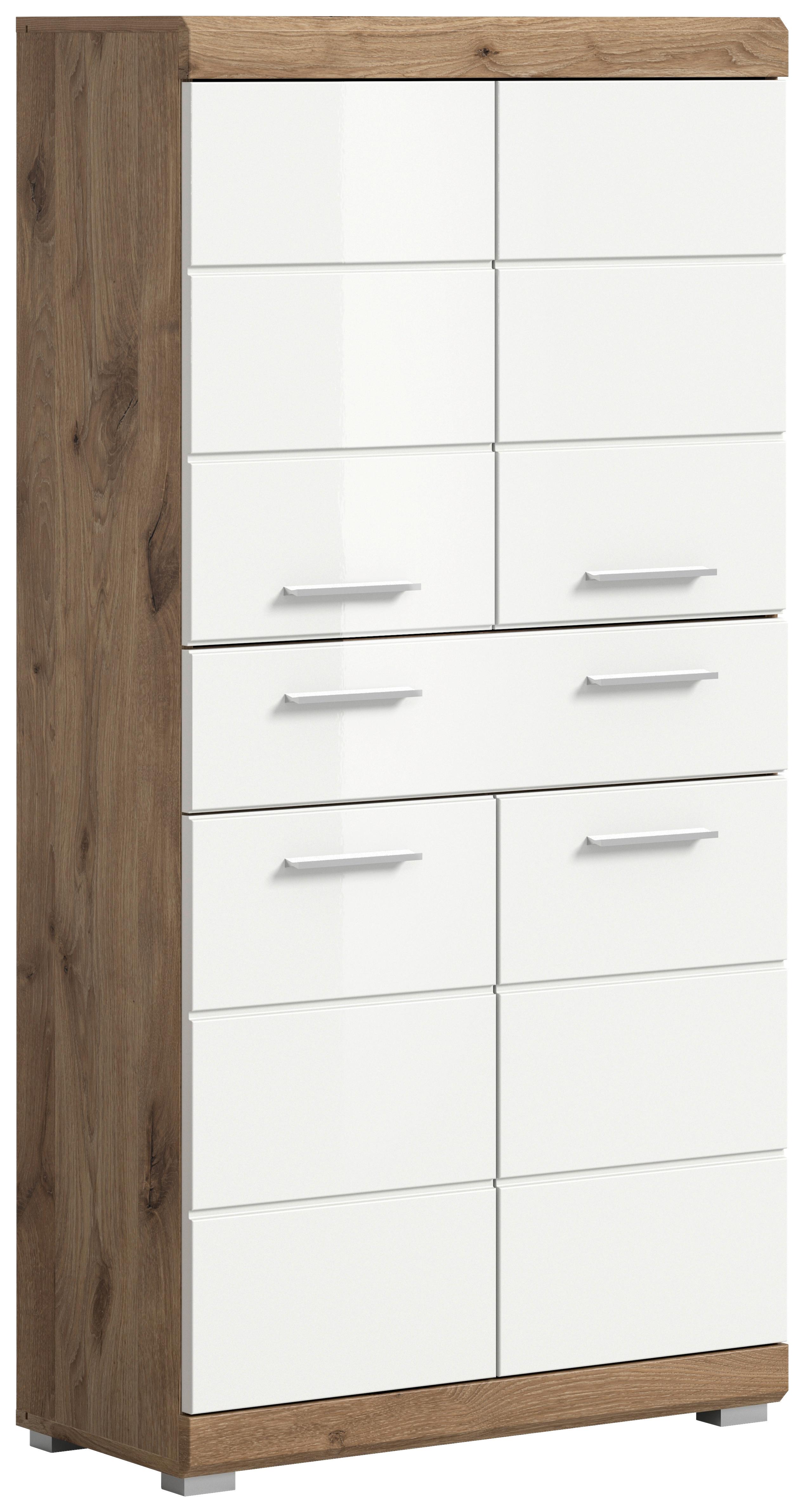 Midischrank Wave ca. 74x141 cm Eiche/Weiß - Chromfarben/Weiß Hochglanz, MODERN, Holzwerkstoff/Kunststoff (74/141/31cm) - MID.YOU