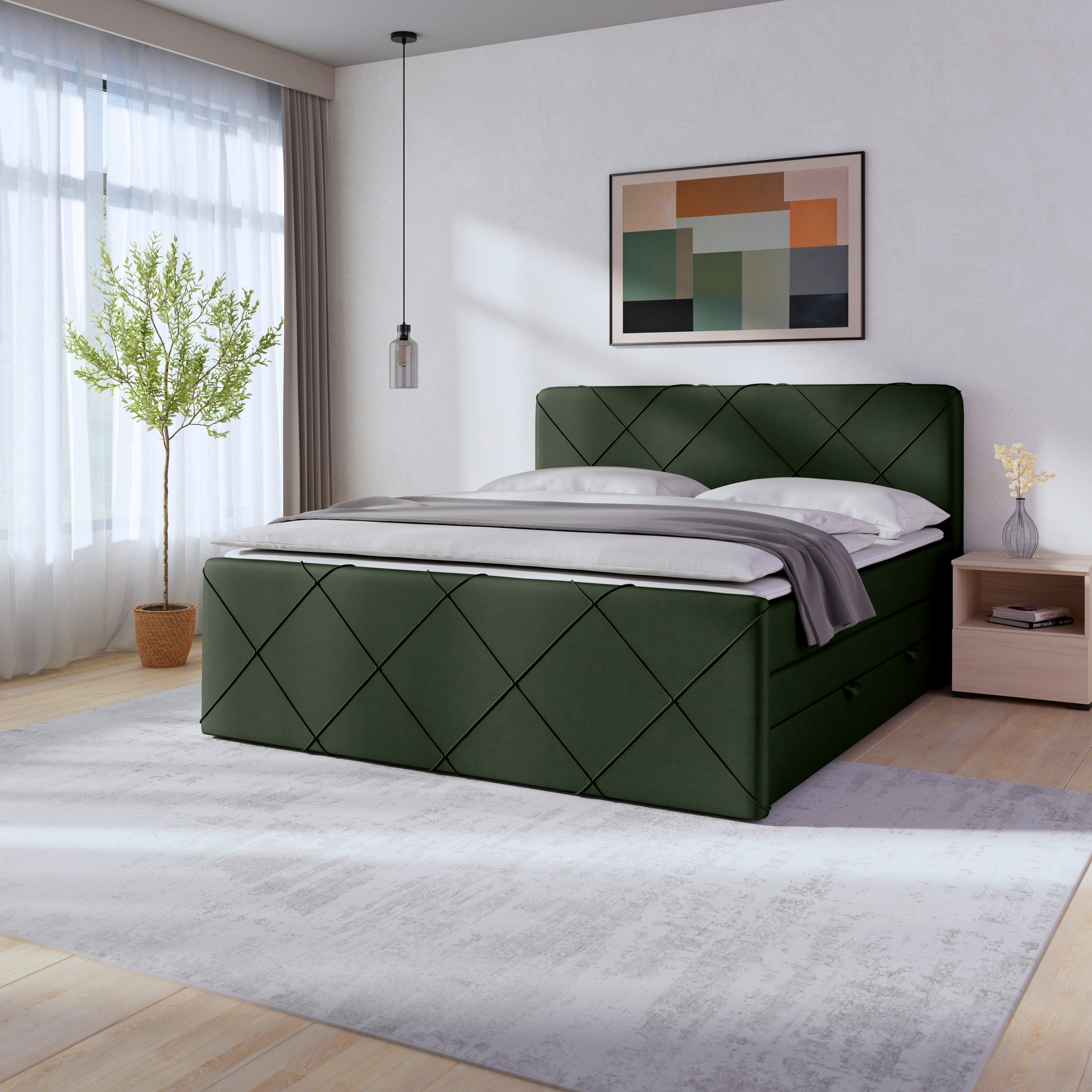 Boxspringbett Cordoba ca. 180x200 cm Grün - Schwarz/Grün, MODERN, Holz/Kunststoff (180/200cm) - MID.YOU